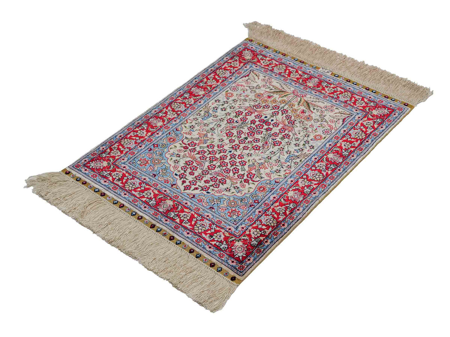 Sehr feiner, handgeknüpfter Khademi Orientteppich mit Hereke Design aus reiner Seide, creme, weiß, rot, blau. 63x47 cm. Vertrieb durch Jupiter Intl.