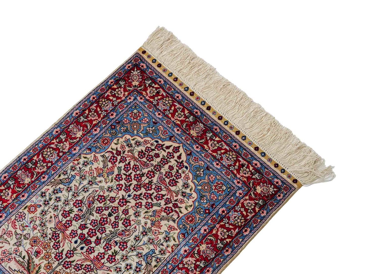 Sehr feiner, handgeknüpfter Khademi Orientteppich mit Hereke Design aus reiner Seide, creme, weiß, rot, blau. 63x47 cm. Vertrieb durch Jupiter Intl.
