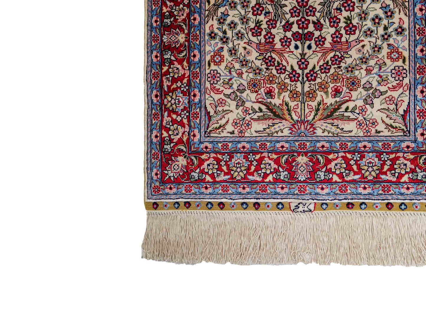 Sehr feiner, handgeknüpfter Khademi Orientteppich mit Hereke Design aus reiner Seide, creme, weiß, rot, blau. 63x47 cm. Vertrieb durch Jupiter Intl.
