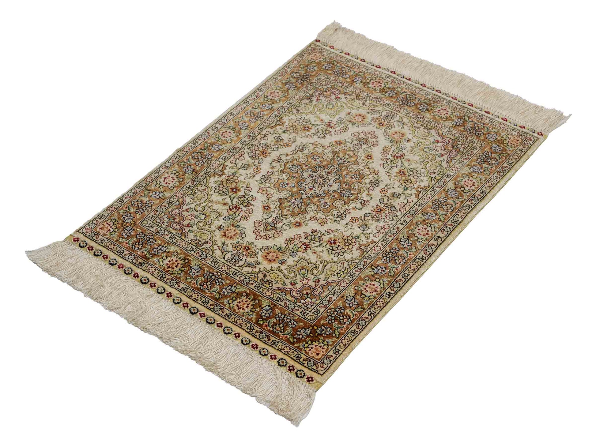 Sehr feiner, handgeknüpfter Khademi Orientteppich mit Hereke Design aus reiner Seide, creme. 64x46 cm. Vertrieb durch Jupiter Intl.