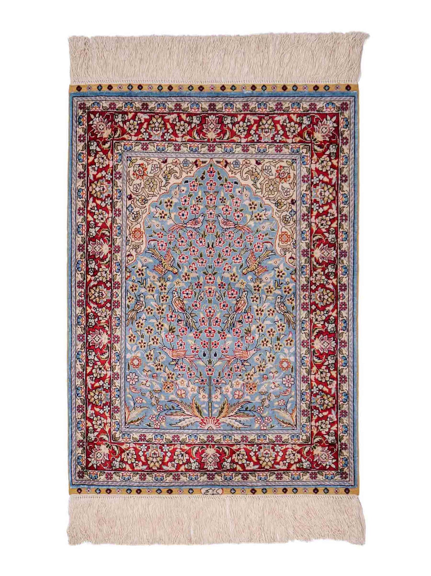 Sehr feiner, handgeknüpfter Khademi Orientteppich mit Hereke Design aus reiner Seide, blau, rot, creme. 65x47 cm. Vertrieb durch Jupiter Intl.