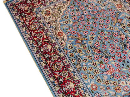 Sehr feiner, handgeknüpfter Khademi Orientteppich mit Hereke Design aus reiner Seide, blau, rot, creme. 65x47 cm. Vertrieb durch Jupiter Intl.
