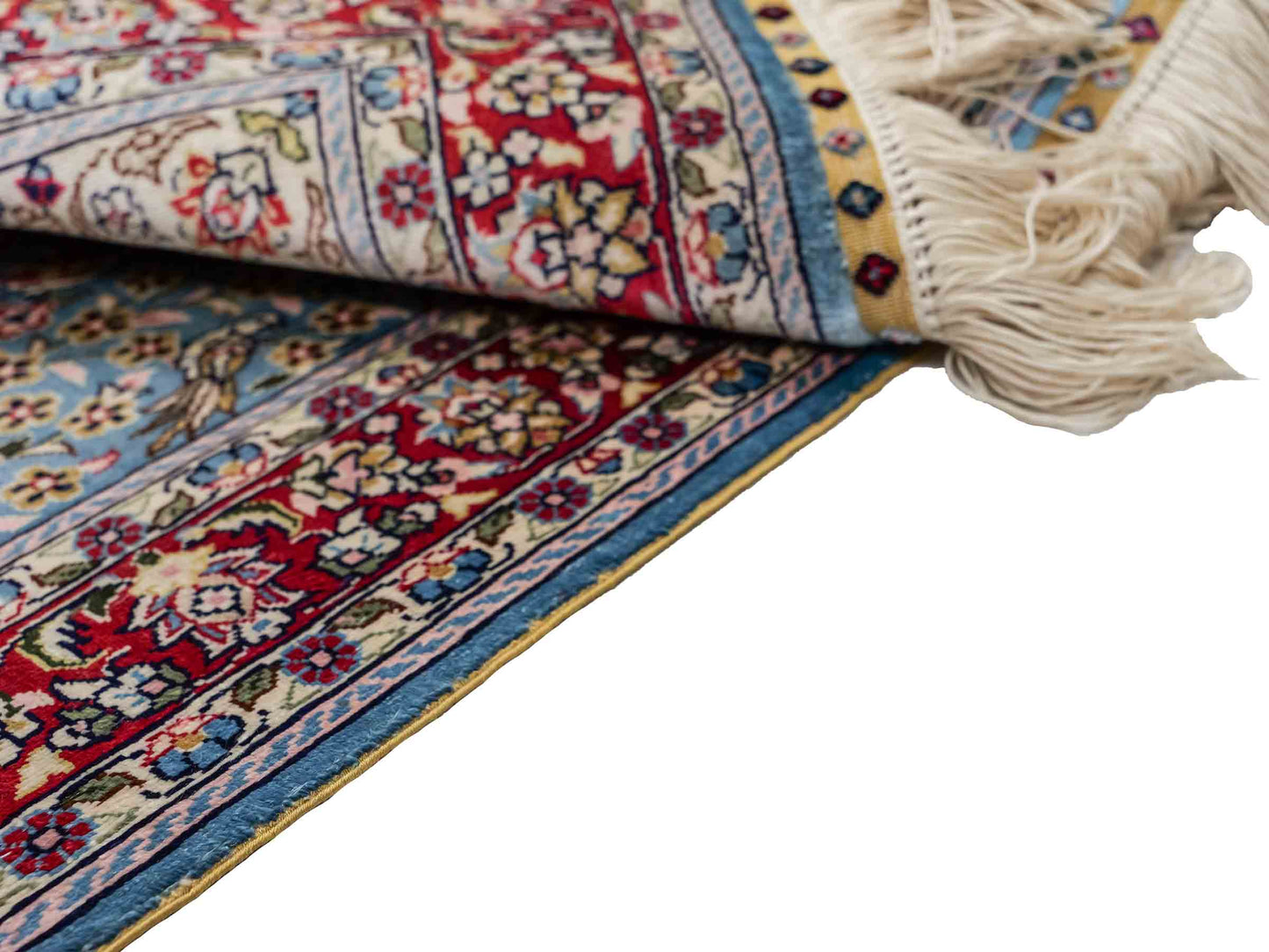 Sehr feiner, handgeknüpfter Khademi Orientteppich mit Hereke Design aus reiner Seide, blau, rot, creme. 65x47 cm. Vertrieb durch Jupiter Intl.