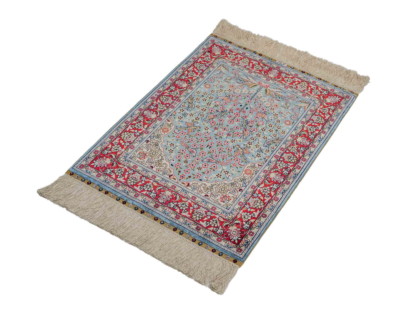 Sehr feiner, handgeknüpfter Khademi Orientteppich mit Hereke Design aus reiner Seide, blau, rot, creme. 65x47 cm. Vertrieb durch Jupiter Intl.