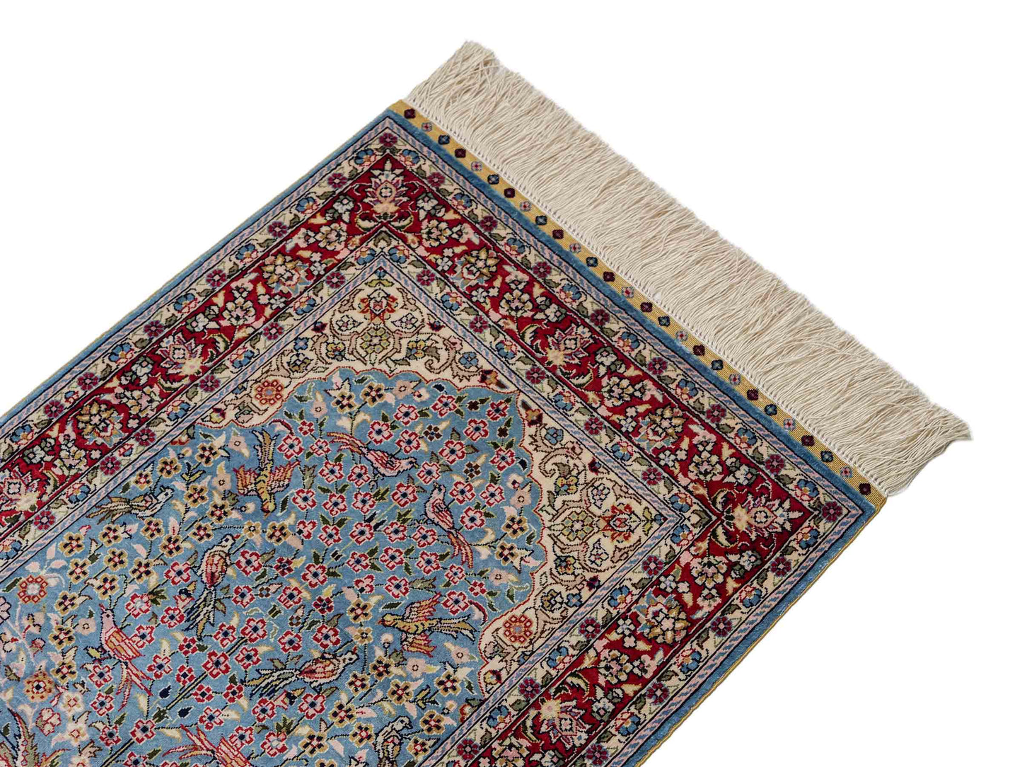 Sehr feiner, handgeknüpfter Khademi Orientteppich mit Hereke Design aus reiner Seide, blau, rot, creme. 65x47 cm. Vertrieb durch Jupiter Intl.