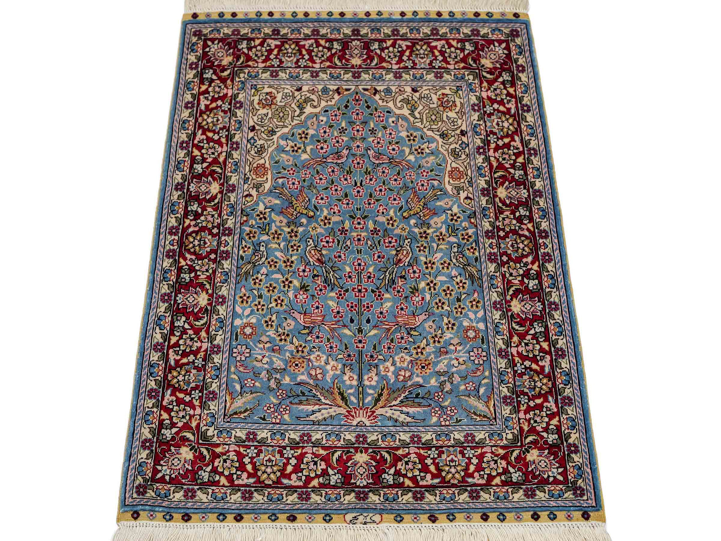 Sehr feiner, handgeknüpfter Khademi Orientteppich mit Hereke Design aus reiner Seide, blau, rot, creme. 65x47 cm. Vertrieb durch Jupiter Intl.