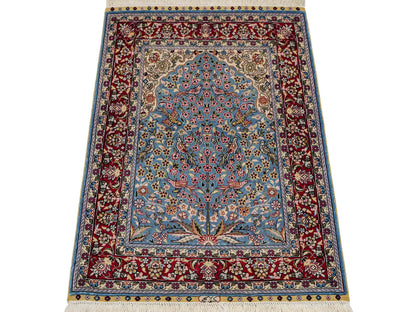 Sehr feiner, handgeknüpfter Khademi Orientteppich mit Hereke Design aus reiner Seide, blau, rot, creme. 65x47 cm. Vertrieb durch Jupiter Intl.