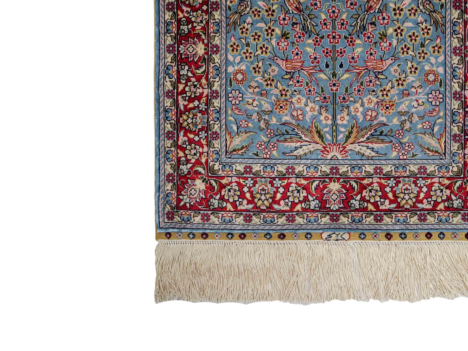 Sehr feiner, handgeknüpfter Khademi Orientteppich mit Hereke Design aus reiner Seide, blau, rot, creme. 65x47 cm. Vertrieb durch Jupiter Intl.