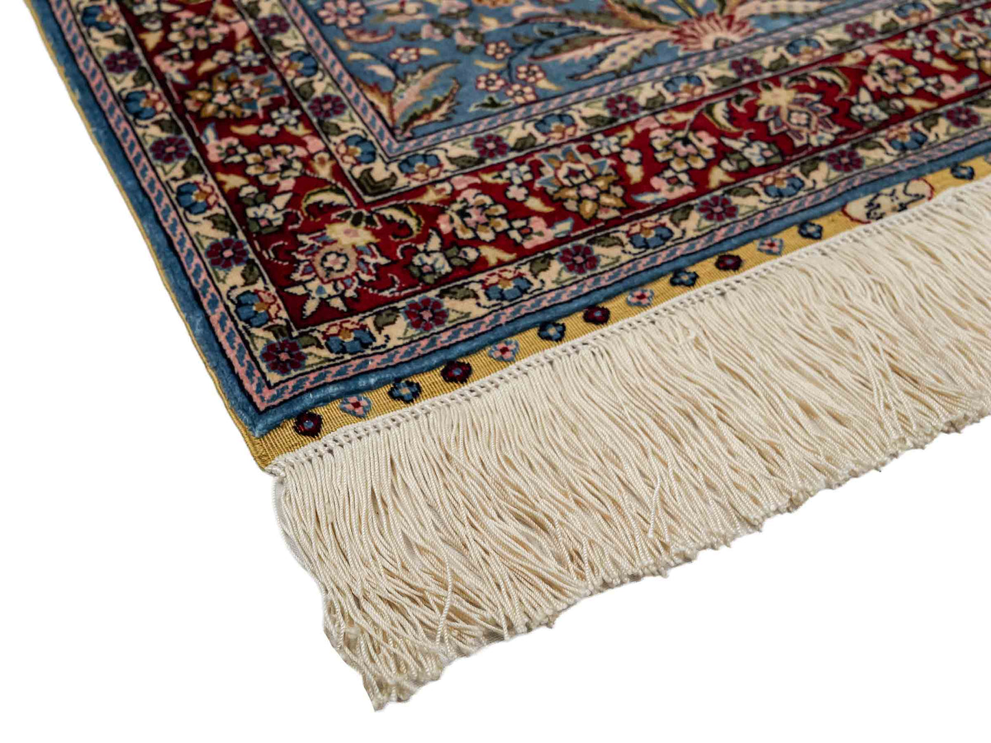 Sehr feiner, handgeknüpfter Khademi Orientteppich mit Hereke Design aus reiner Seide, blau, rot, creme. 65x47 cm. Vertrieb durch Jupiter Intl.