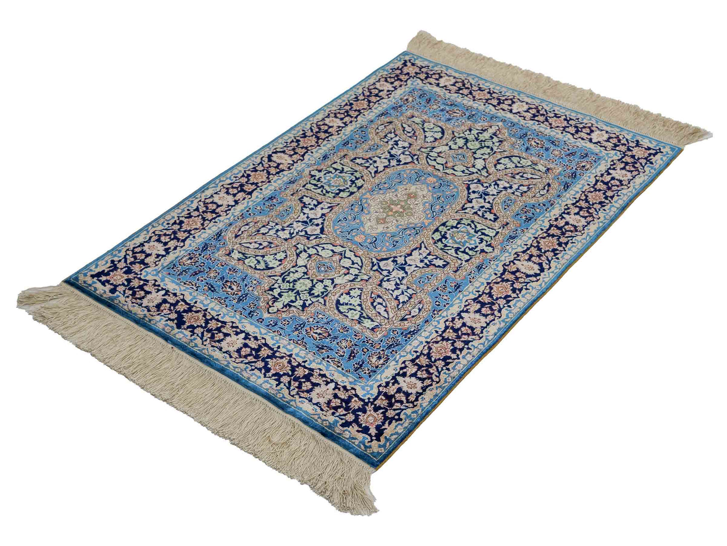 Sehr feiner, handgeknüpfter Khademi Orientteppich mit Hereke Design aus reiner Seide, blau. 92x62 cm. Vertrieb durch Jupiter Intl.