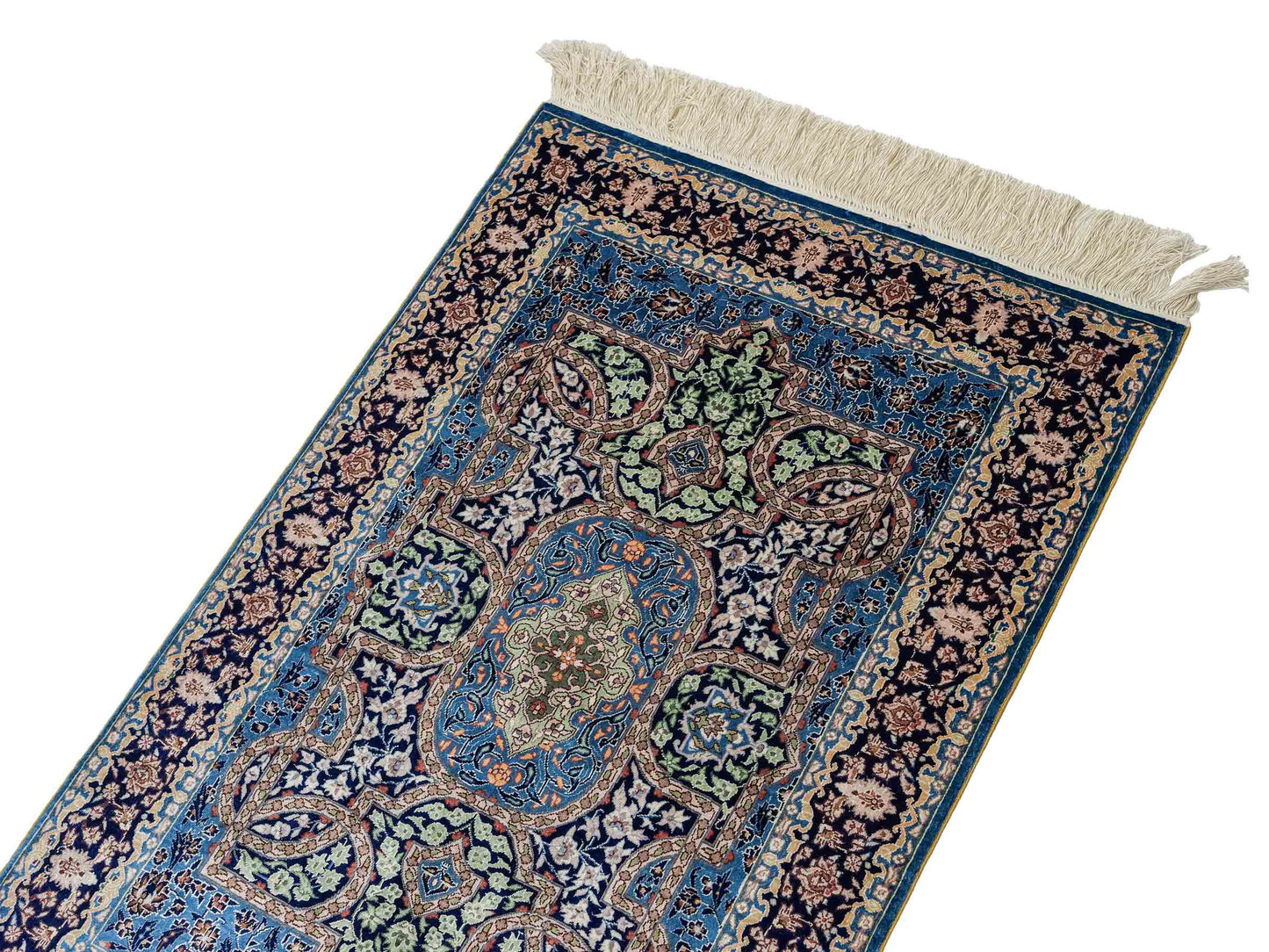 Sehr feiner, handgeknüpfter Khademi Orientteppich mit Hereke Design aus reiner Seide, blau. 92x62 cm. Vertrieb durch Jupiter Intl.