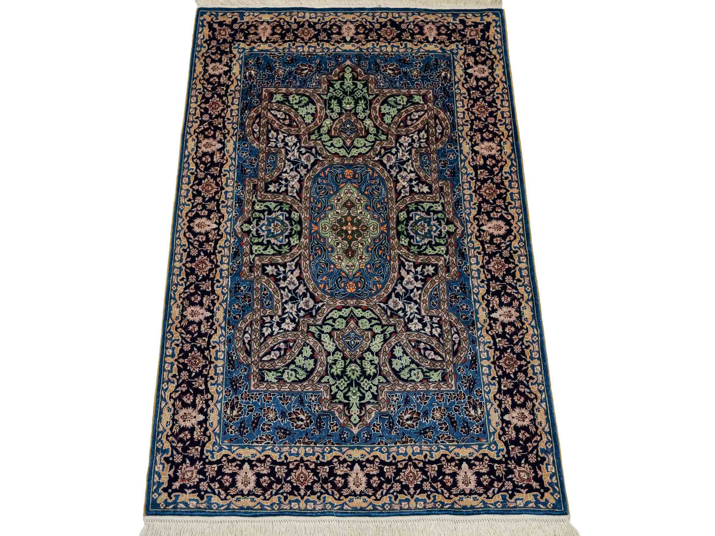 Sehr feiner, handgeknüpfter Khademi Orientteppich mit Hereke Design aus reiner Seide, blau. 92x62 cm. Vertrieb durch Jupiter Intl.