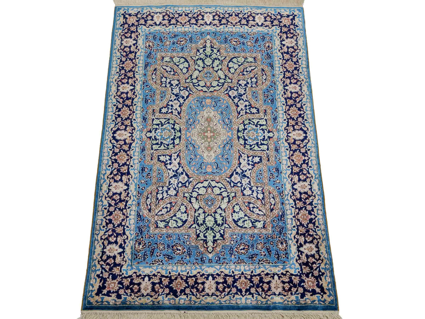 Sehr feiner, handgeknüpfter Khademi Orientteppich mit Hereke Design aus reiner Seide, blau. 92x62 cm. Vertrieb durch Jupiter Intl.