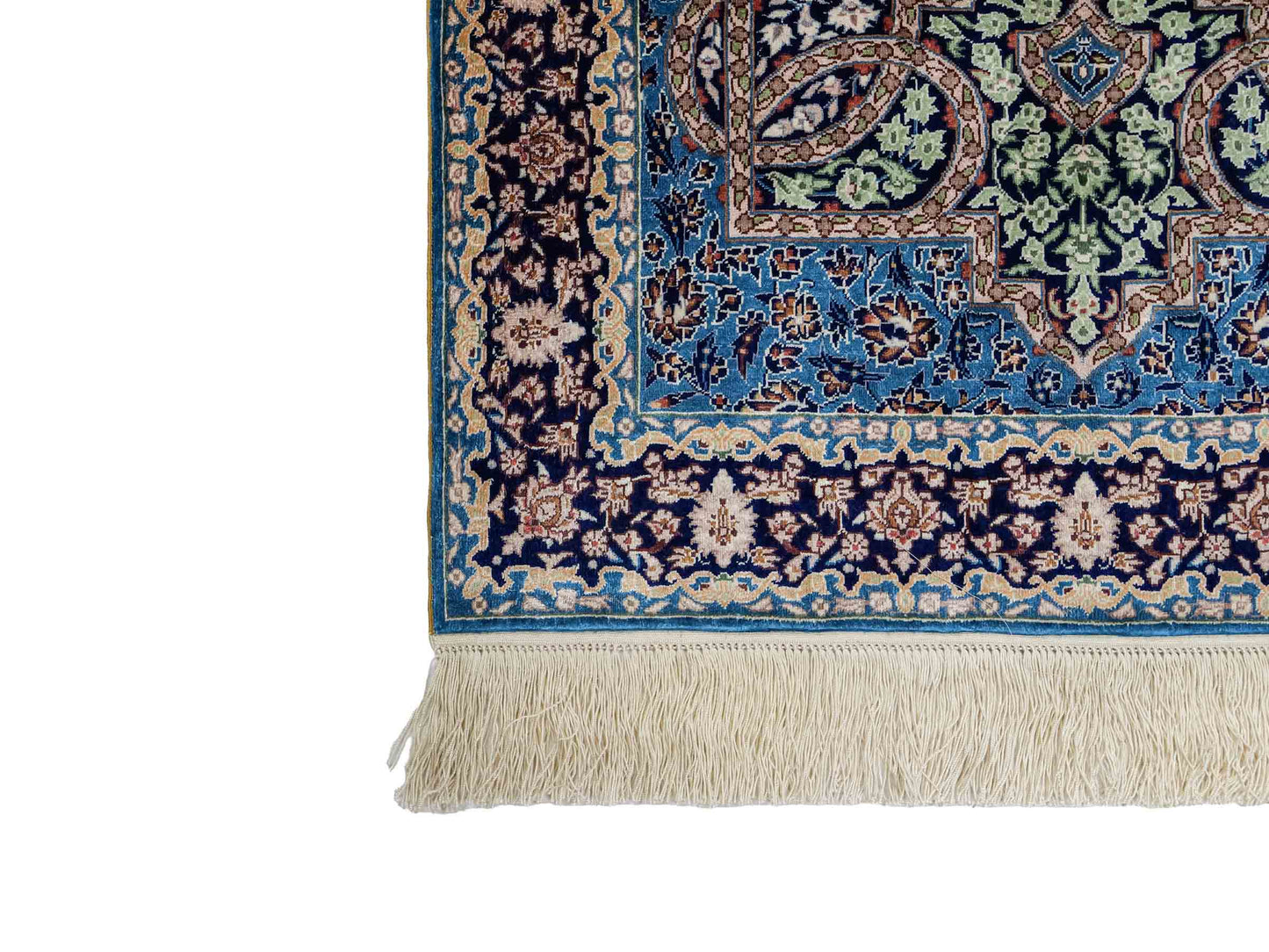 Sehr feiner, handgeknüpfter Khademi Orientteppich mit Hereke Design aus reiner Seide, blau. 92x62 cm. Vertrieb durch Jupiter Intl.