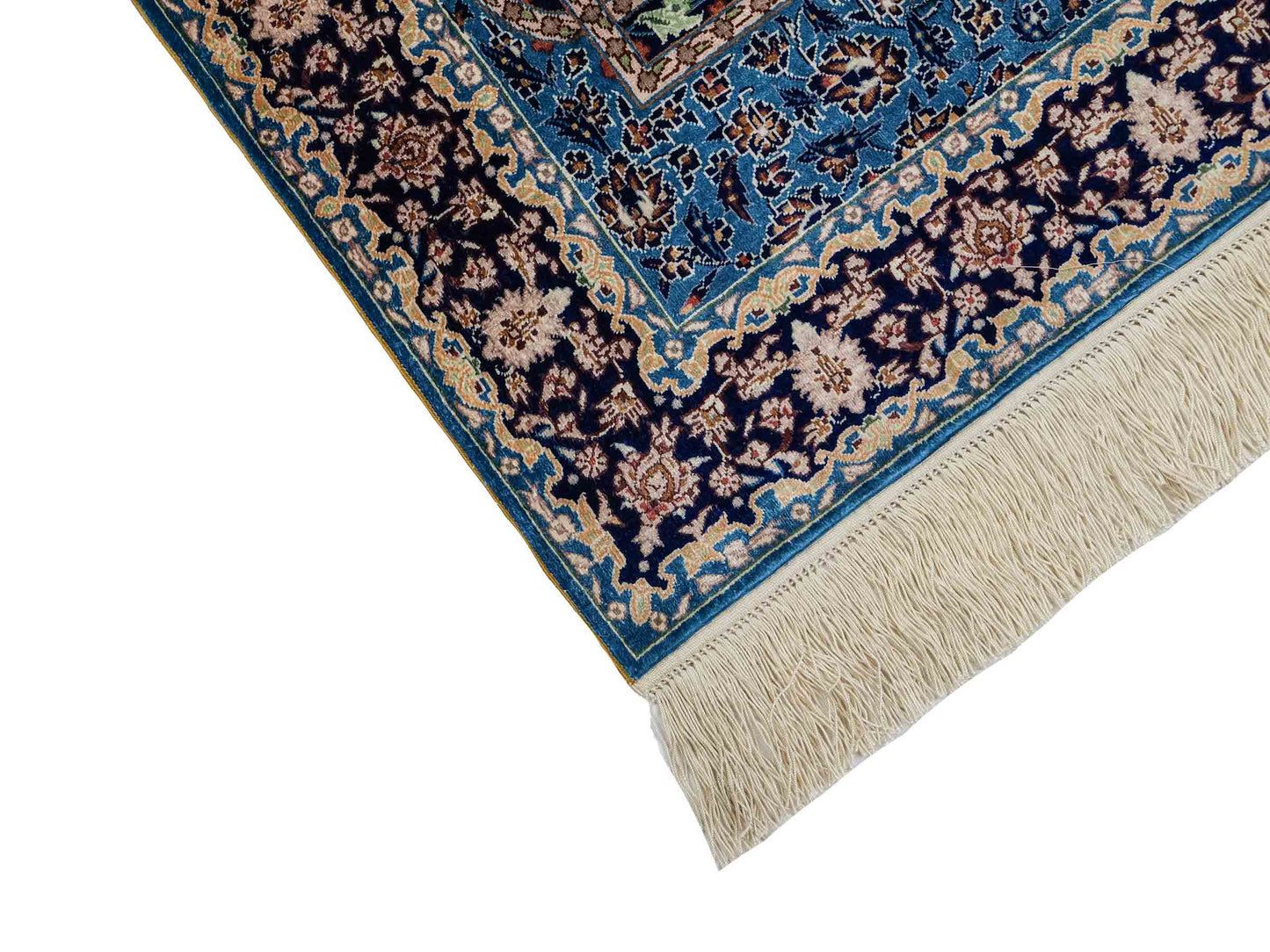 Sehr feiner, handgeknüpfter Khademi Orientteppich mit Hereke Design aus reiner Seide, blau. 92x62 cm. Vertrieb durch Jupiter Intl.