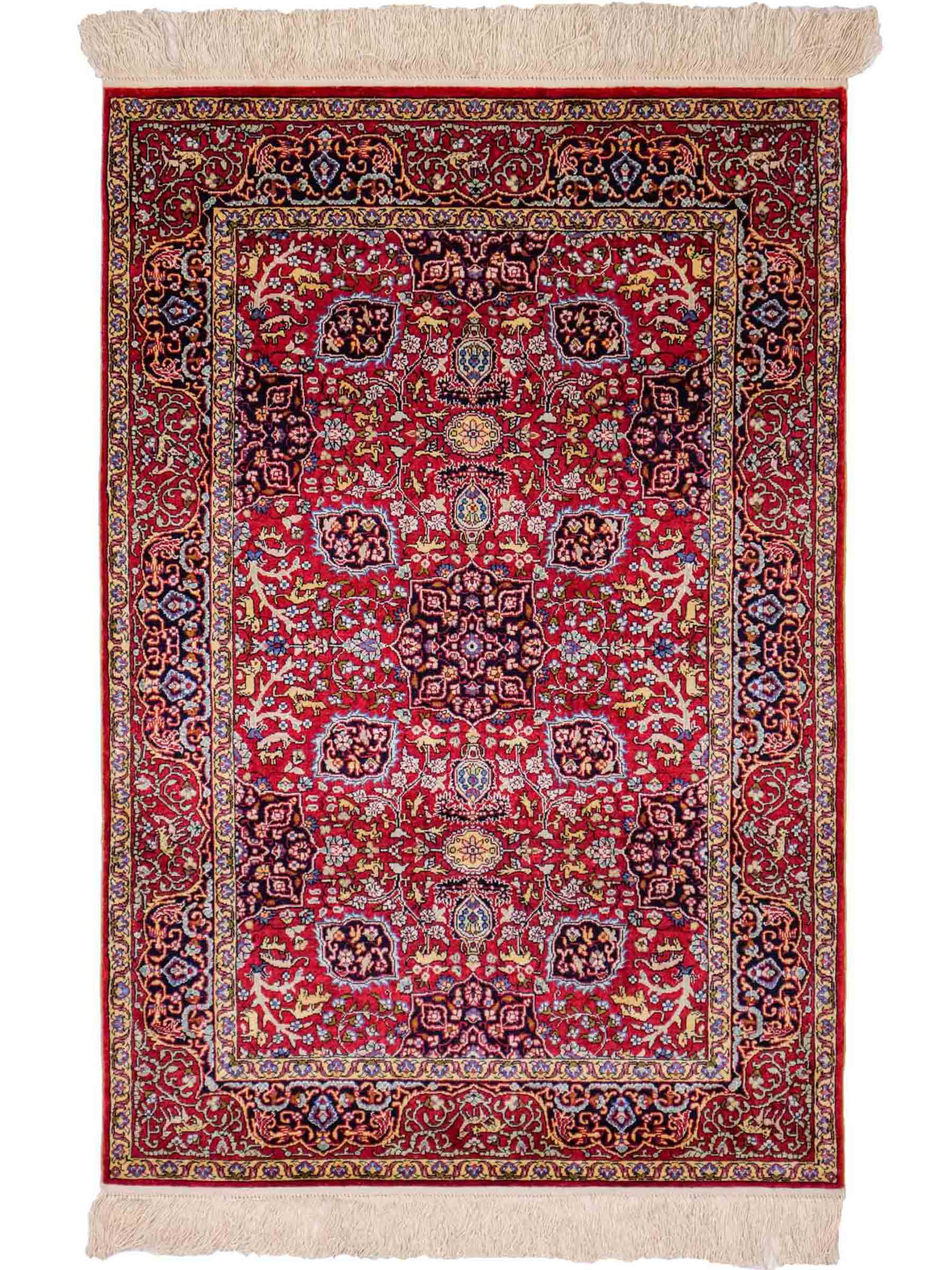 Sehr feiner, handgeknüpfter Khademi Orientteppich mit Hereke Design aus reiner Seide, rot. 92x62 cm. Vertrieb durch Jupiter Intl.