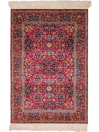 Sehr feiner, handgeknüpfter Khademi Orientteppich mit Hereke Design aus reiner Seide, rot. 92x62 cm. Vertrieb durch Jupiter Intl.