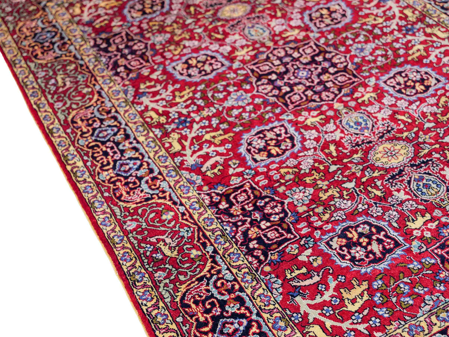 Sehr feiner, handgeknüpfter Khademi Orientteppich mit Hereke Design aus reiner Seide, rot. 92x62 cm. Vertrieb durch Jupiter Intl.
