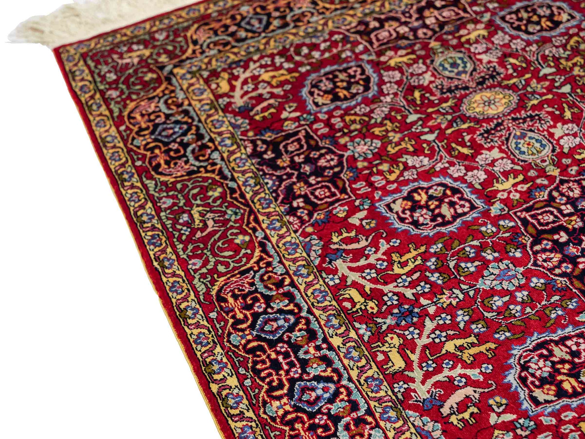 Sehr feiner, handgeknüpfter Khademi Orientteppich mit Hereke Design aus reiner Seide, rot. 92x62 cm. Vertrieb durch Jupiter Intl.
