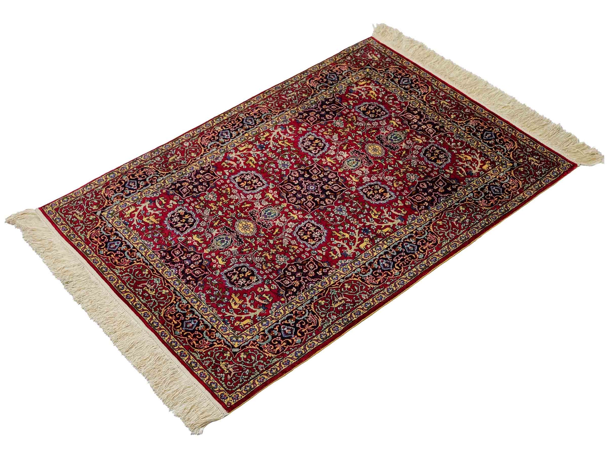 Sehr feiner, handgeknüpfter Khademi Orientteppich mit Hereke Design aus reiner Seide, rot. 92x62 cm. Vertrieb durch Jupiter Intl.