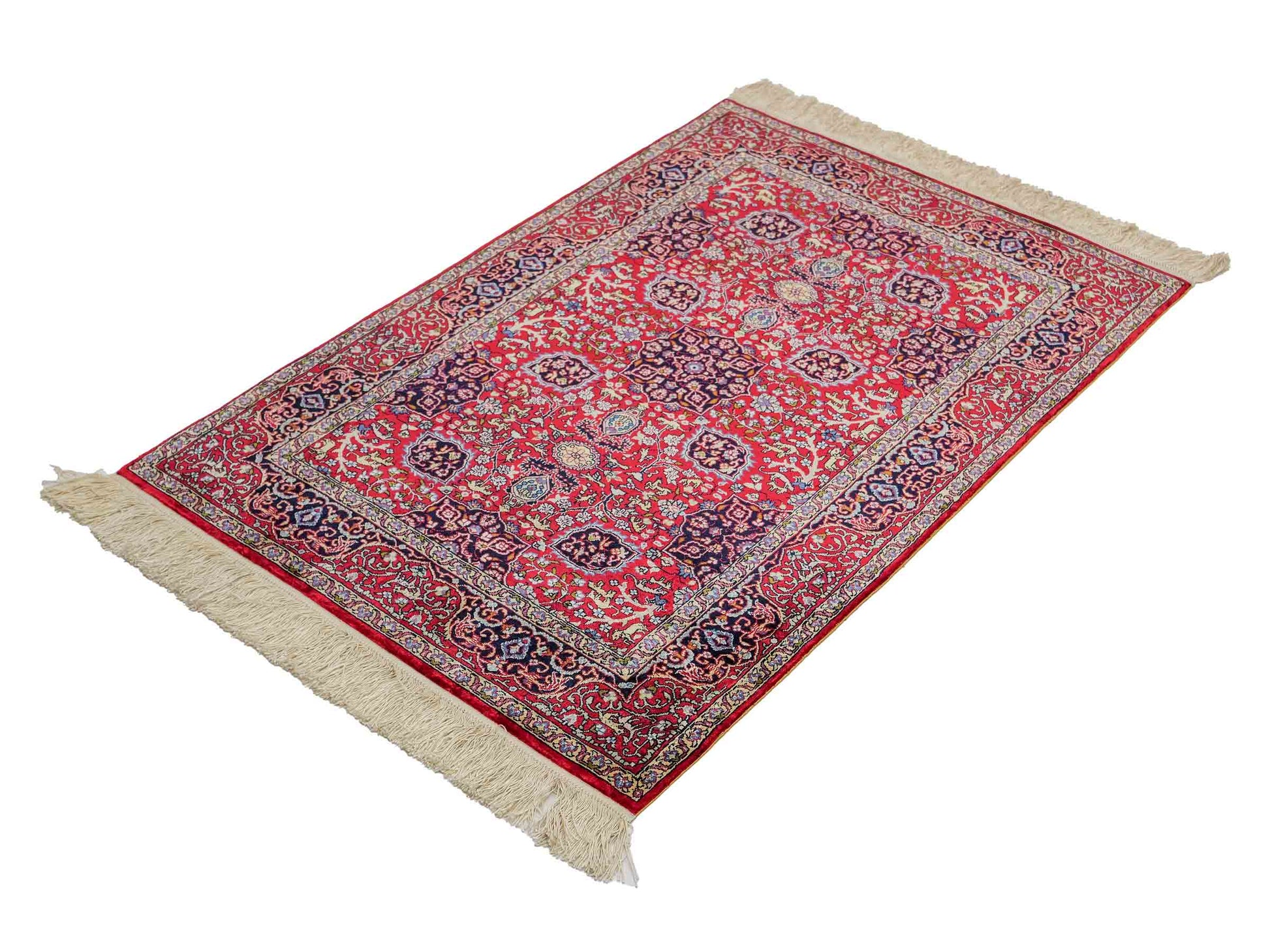 Sehr feiner, handgeknüpfter Khademi Orientteppich mit Hereke Design aus reiner Seide, rot. 92x62 cm. Vertrieb durch Jupiter Intl.