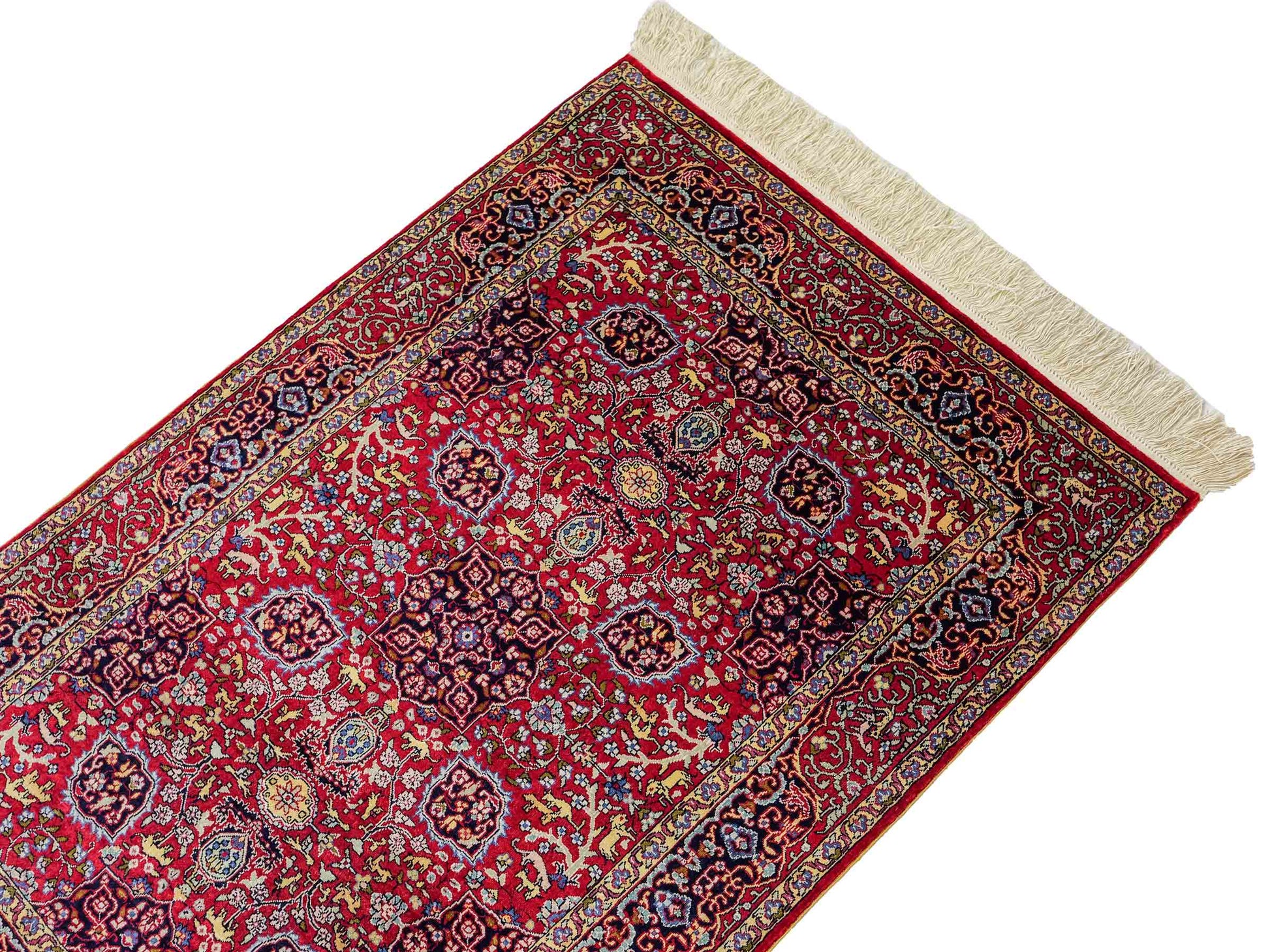 Sehr feiner, handgeknüpfter Khademi Orientteppich mit Hereke Design aus reiner Seide, rot. 92x62 cm. Vertrieb durch Jupiter Intl.
