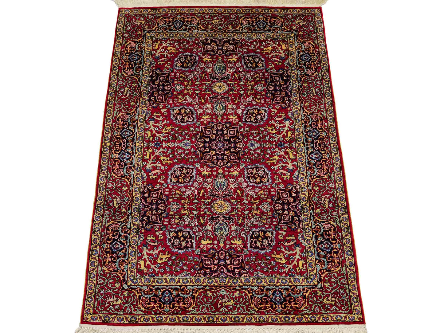 Sehr feiner, handgeknüpfter Khademi Orientteppich mit Hereke Design aus reiner Seide, rot. 92x62 cm. Vertrieb durch Jupiter Intl.