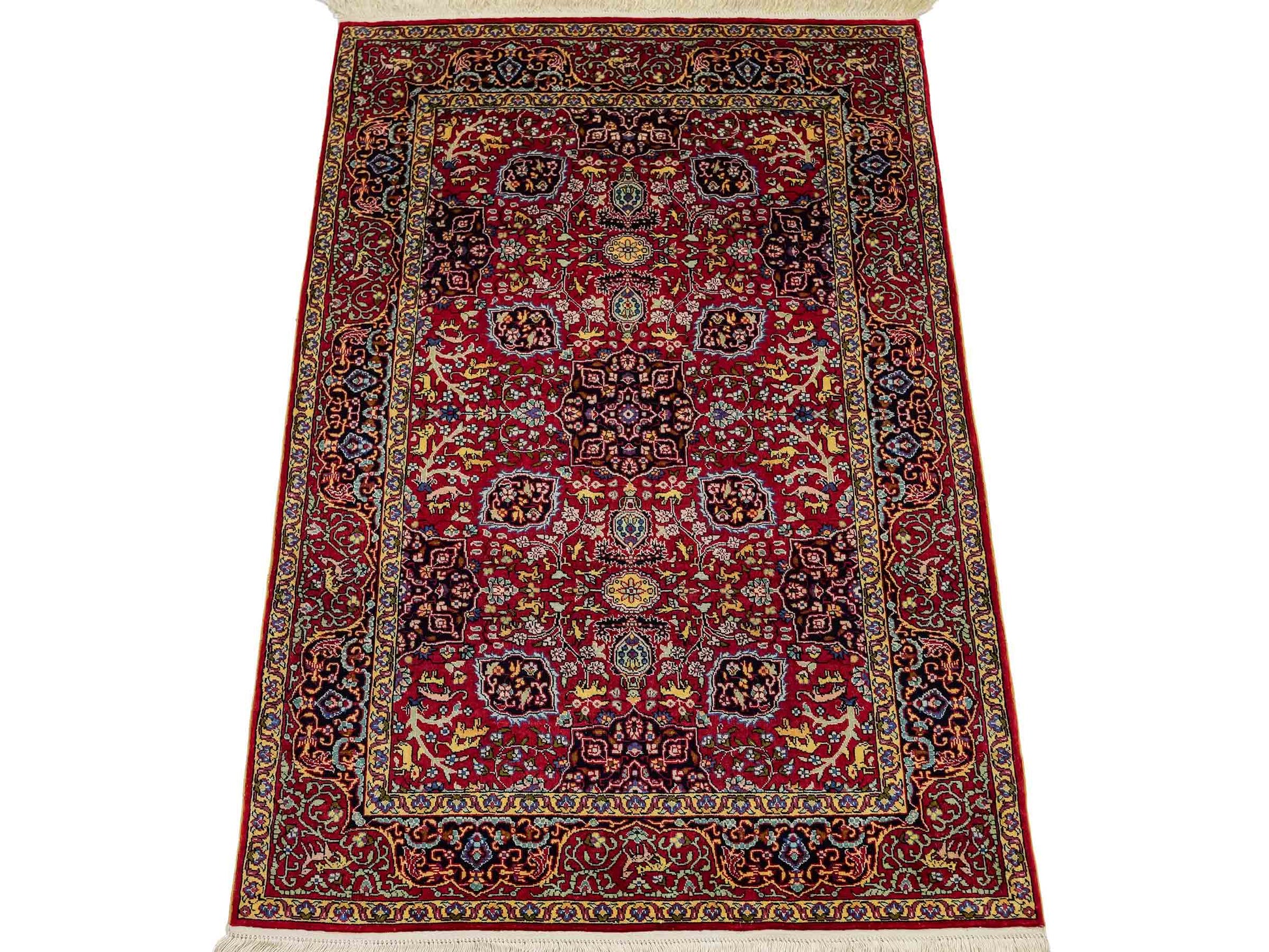 Sehr feiner, handgeknüpfter Khademi Orientteppich mit Hereke Design aus reiner Seide, rot. 92x62 cm. Vertrieb durch Jupiter Intl.