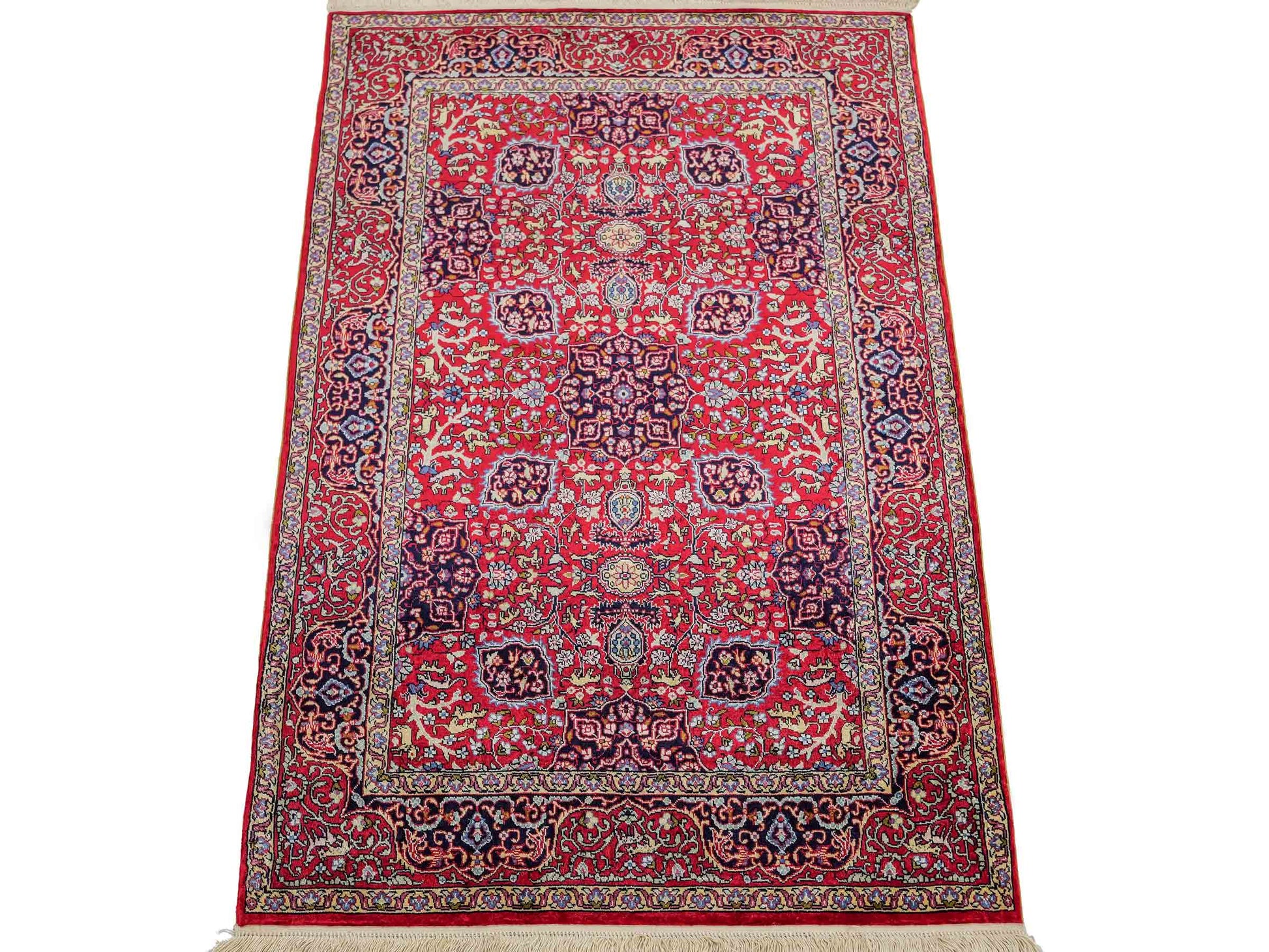 Sehr feiner, handgeknüpfter Khademi Orientteppich mit Hereke Design aus reiner Seide, rot. 92x62 cm. Vertrieb durch Jupiter Intl.