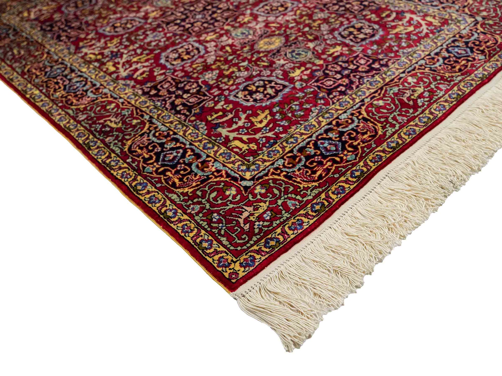 Sehr feiner, handgeknüpfter Khademi Orientteppich mit Hereke Design aus reiner Seide, rot. 92x62 cm. Vertrieb durch Jupiter Intl.