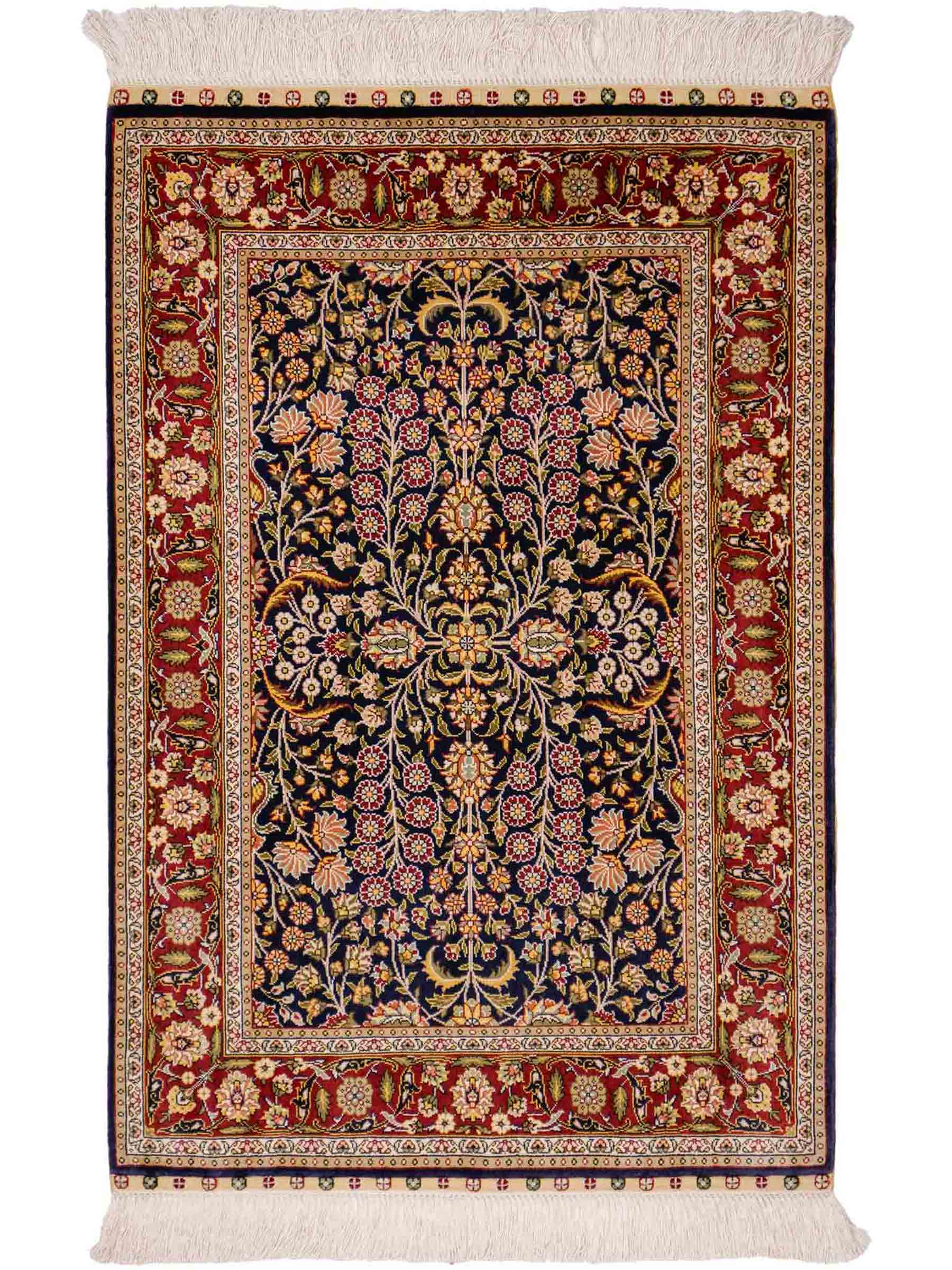 Sehr feiner, handgeknüpfter Khademi Orientteppich mit Hereke Design aus reiner Seide, blau, rot. 92x62 cm. Vertrieb durch Jupiter Intl.
