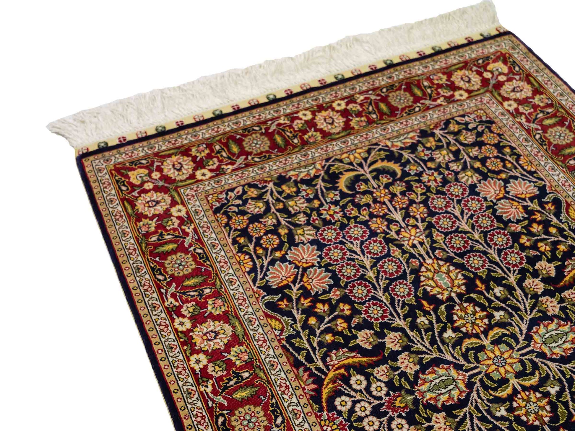 Sehr feiner, handgeknüpfter Khademi Orientteppich mit Hereke Design aus reiner Seide, blau, rot. 92x62 cm. Vertrieb durch Jupiter Intl.