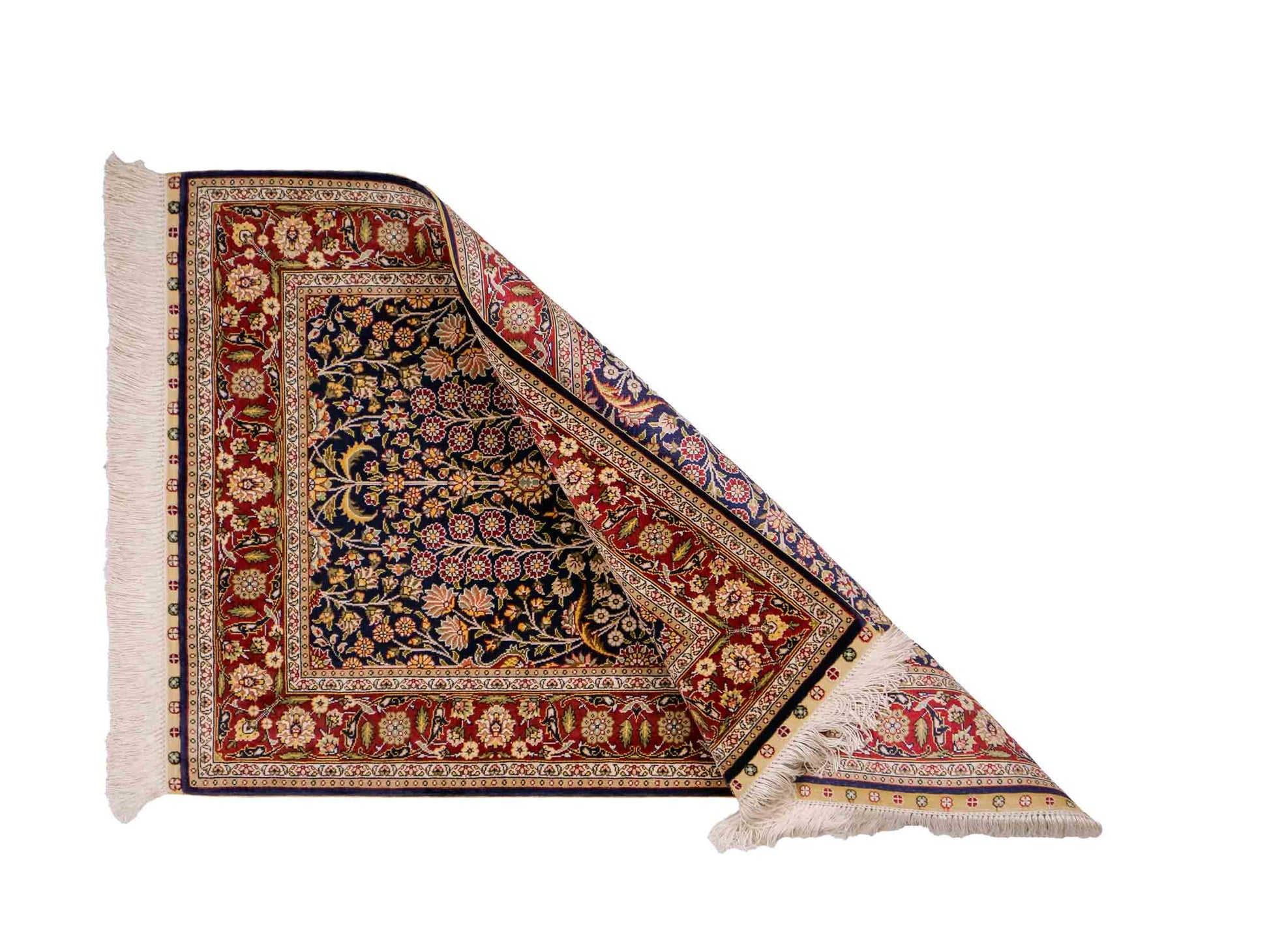 Sehr feiner, handgeknüpfter Khademi Orientteppich mit Hereke Design aus reiner Seide, blau, rot. 92x62 cm. Vertrieb durch Jupiter Intl.