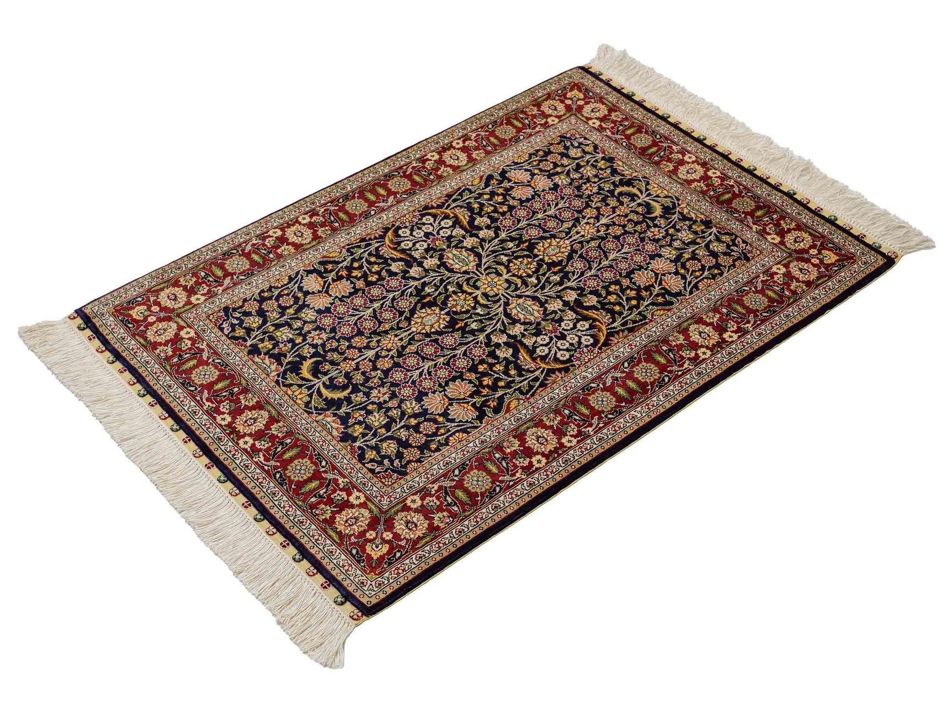 Sehr feiner, handgeknüpfter Khademi Orientteppich mit Hereke Design aus reiner Seide, blau, rot. 92x62 cm. Vertrieb durch Jupiter Intl.