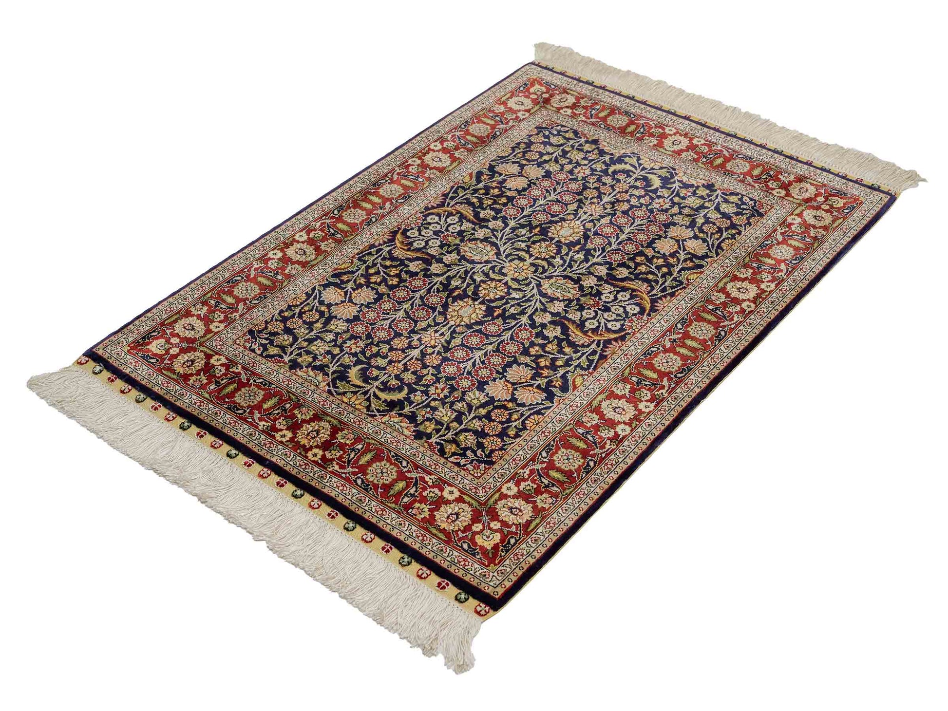 Sehr feiner, handgeknüpfter Khademi Orientteppich mit Hereke Design aus reiner Seide, blau, rot. 92x62 cm. Vertrieb durch Jupiter Intl.