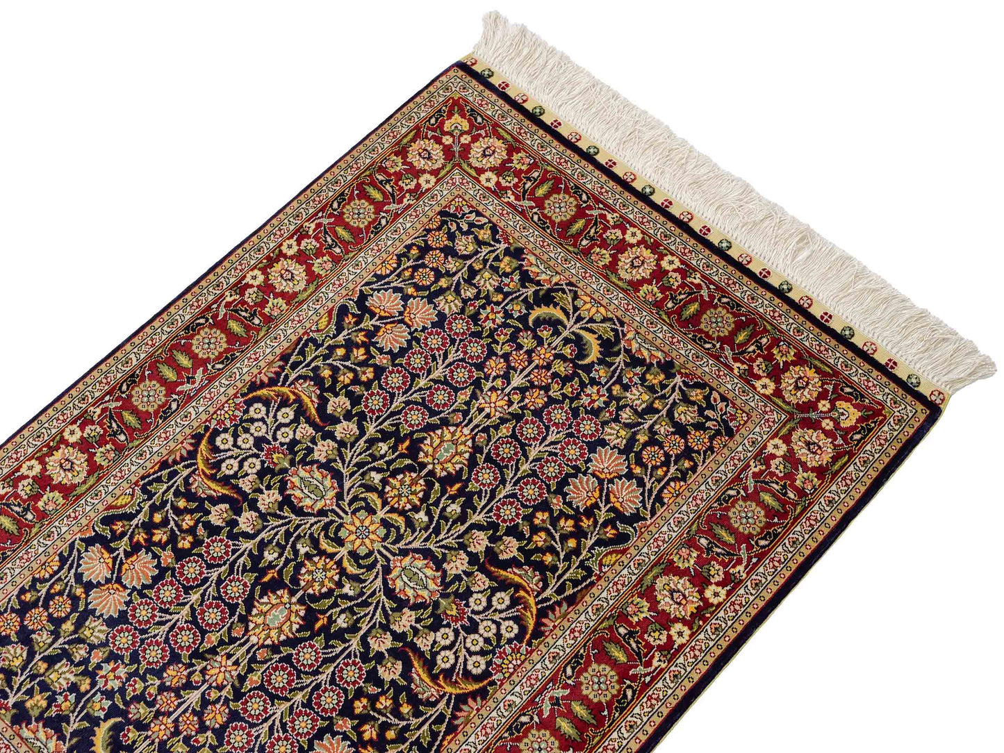 Sehr feiner, handgeknüpfter Khademi Orientteppich mit Hereke Design aus reiner Seide, blau, rot. 92x62 cm. Vertrieb durch Jupiter Intl.