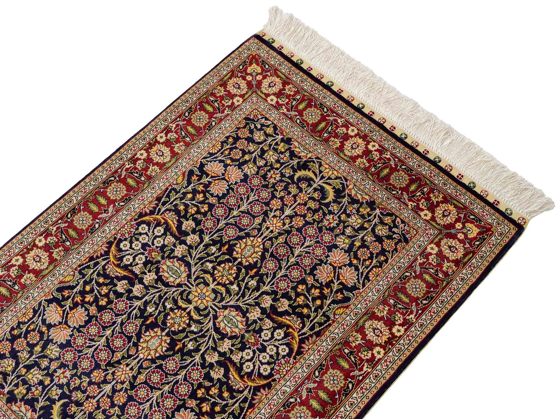 Sehr feiner, handgeknüpfter Khademi Orientteppich mit Hereke Design aus reiner Seide, blau, rot. 92x62 cm. Vertrieb durch Jupiter Intl.