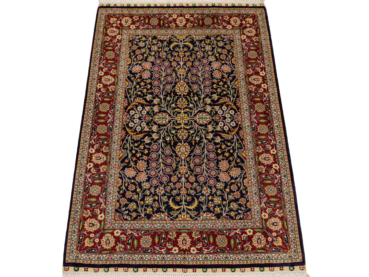 Sehr feiner, handgeknüpfter Khademi Orientteppich mit Hereke Design aus reiner Seide, blau, rot. 92x62 cm. Vertrieb durch Jupiter Intl.