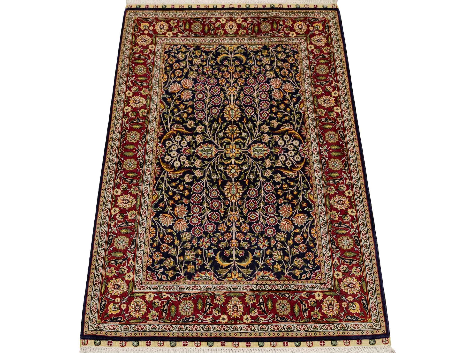 Sehr feiner, handgeknüpfter Khademi Orientteppich mit Hereke Design aus reiner Seide, blau, rot. 92x62 cm. Vertrieb durch Jupiter Intl.