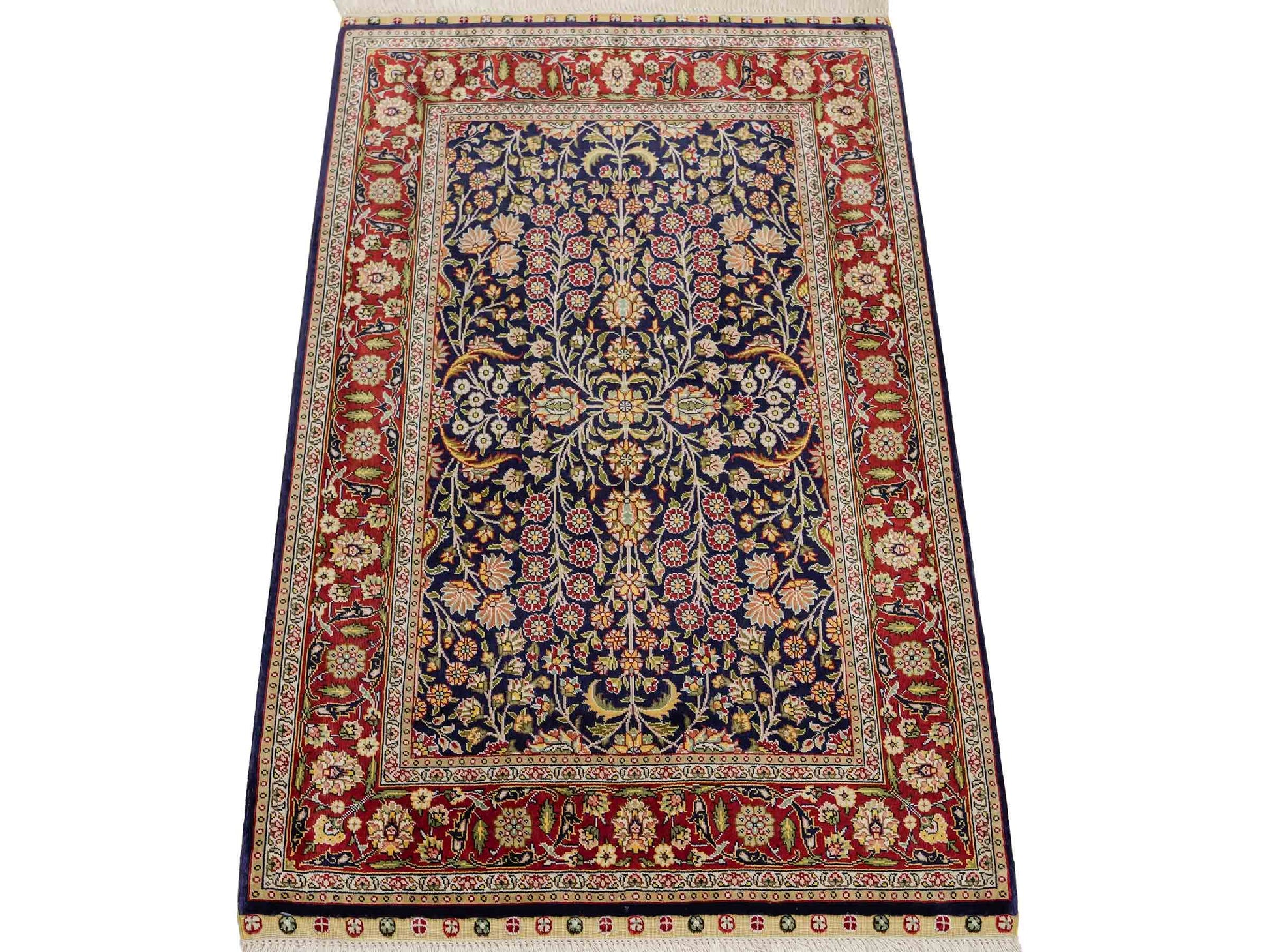 Sehr feiner, handgeknüpfter Khademi Orientteppich mit Hereke Design aus reiner Seide, blau, rot. 92x62 cm. Vertrieb durch Jupiter Intl.