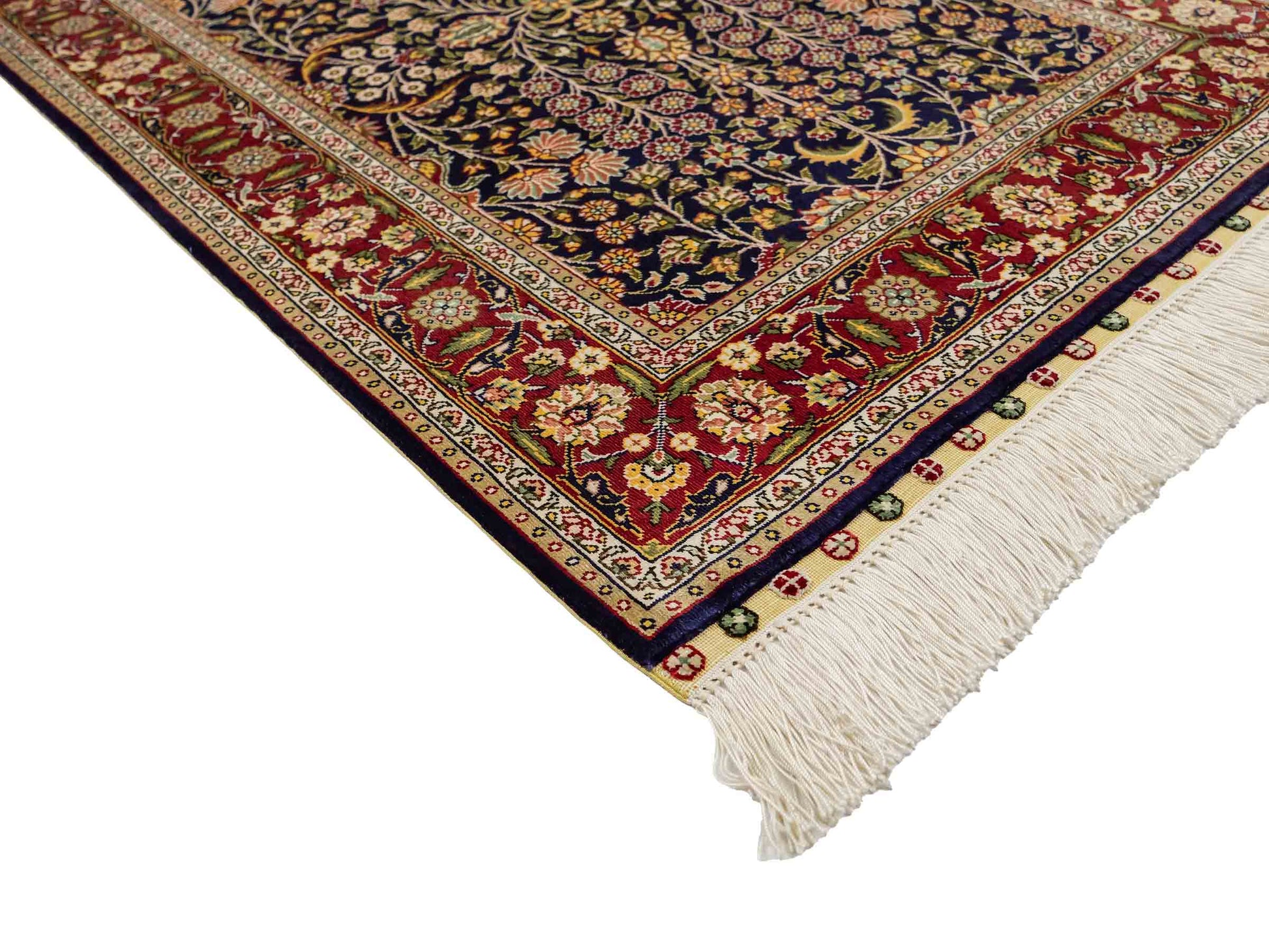 Sehr feiner, handgeknüpfter Khademi Orientteppich mit Hereke Design aus reiner Seide, blau, rot. 92x62 cm. Vertrieb durch Jupiter Intl.