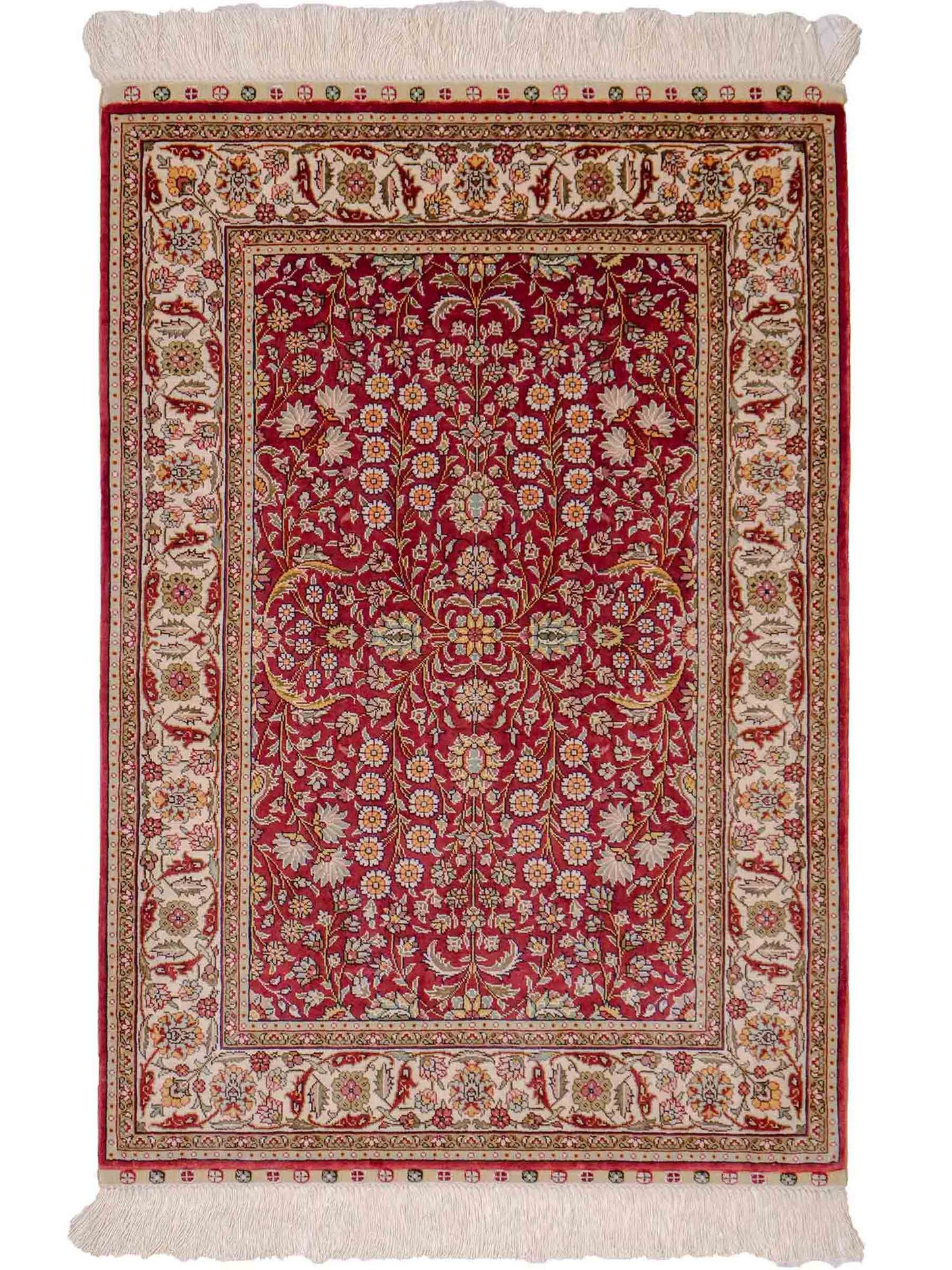 Sehr feiner, handgeknüpfter Khademi Orientteppich mit Hereke Design aus reiner Seide, rot, creme. 92x62 cm. Vertrieb durch Jupiter Intl.