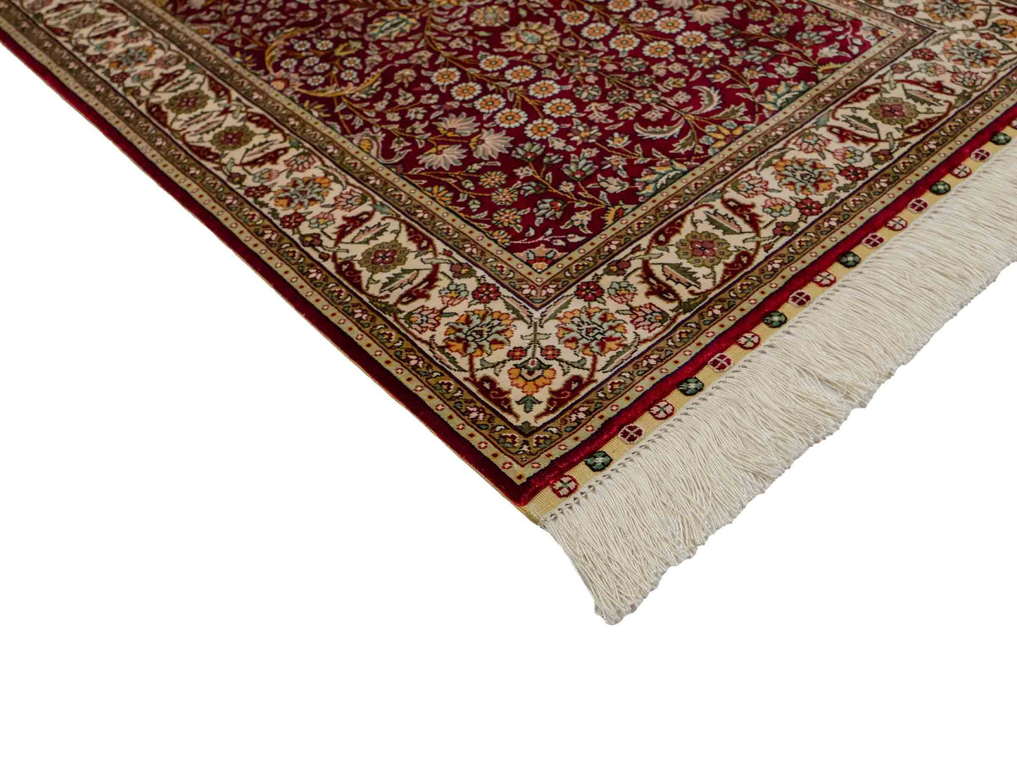 Sehr feiner, handgeknüpfter Khademi Orientteppich mit Hereke Design aus reiner Seide, rot, creme. 92x62 cm. Vertrieb durch Jupiter Intl.
