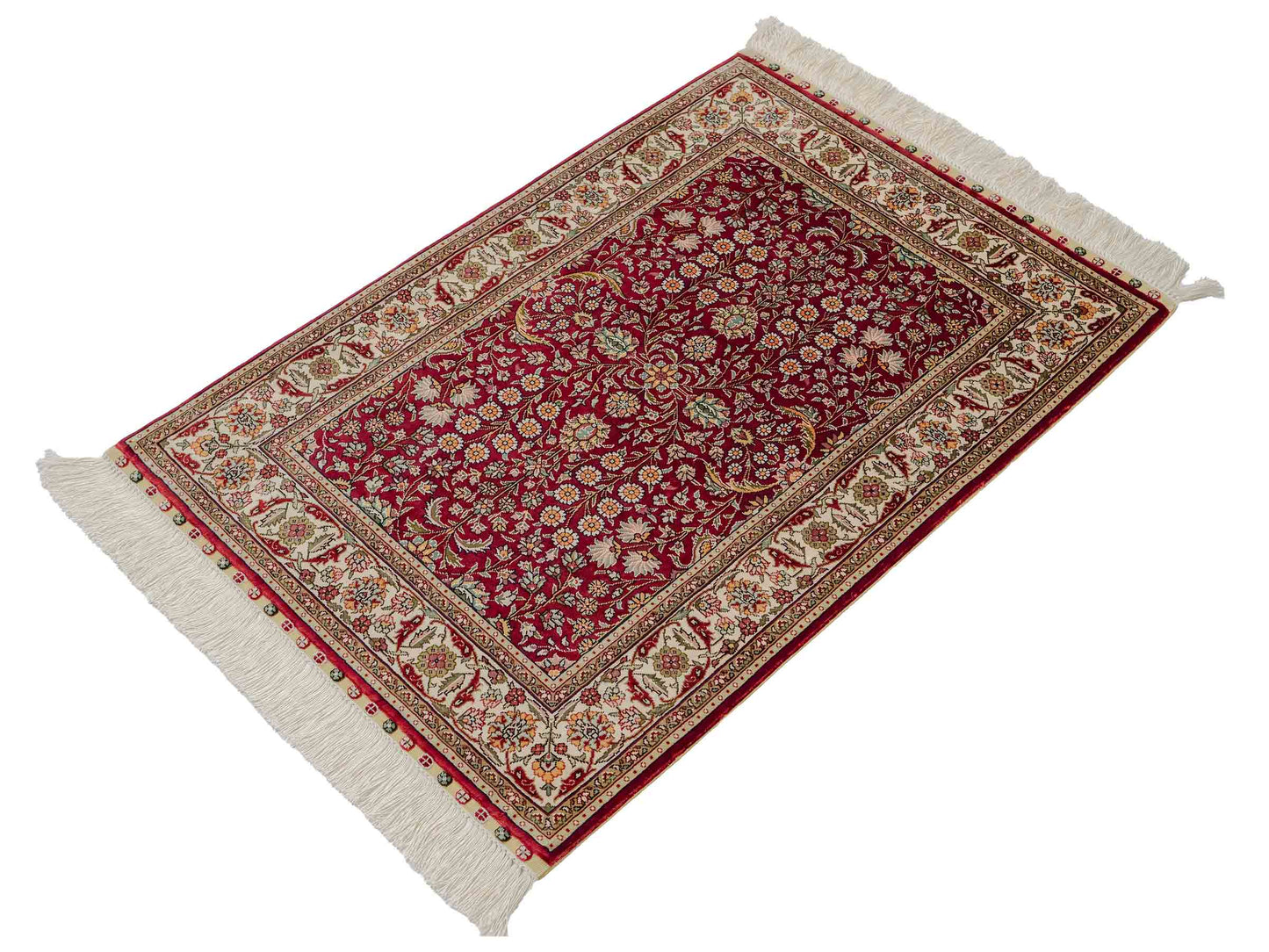 Sehr feiner, handgeknüpfter Khademi Orientteppich mit Hereke Design aus reiner Seide, rot, creme. 92x62 cm. Vertrieb durch Jupiter Intl.