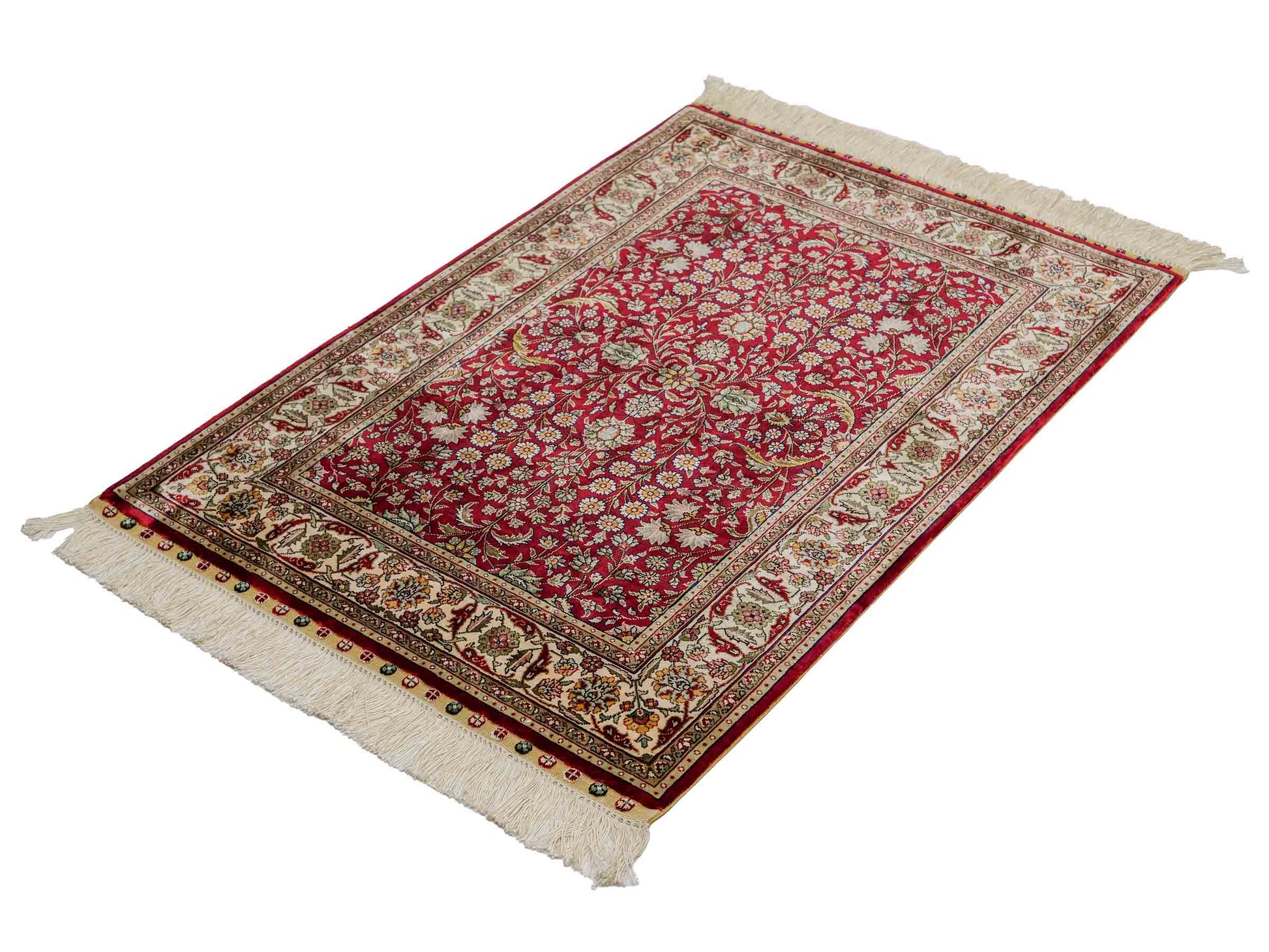 Sehr feiner, handgeknüpfter Khademi Orientteppich mit Hereke Design aus reiner Seide, rot, creme. 92x62 cm. Vertrieb durch Jupiter Intl.