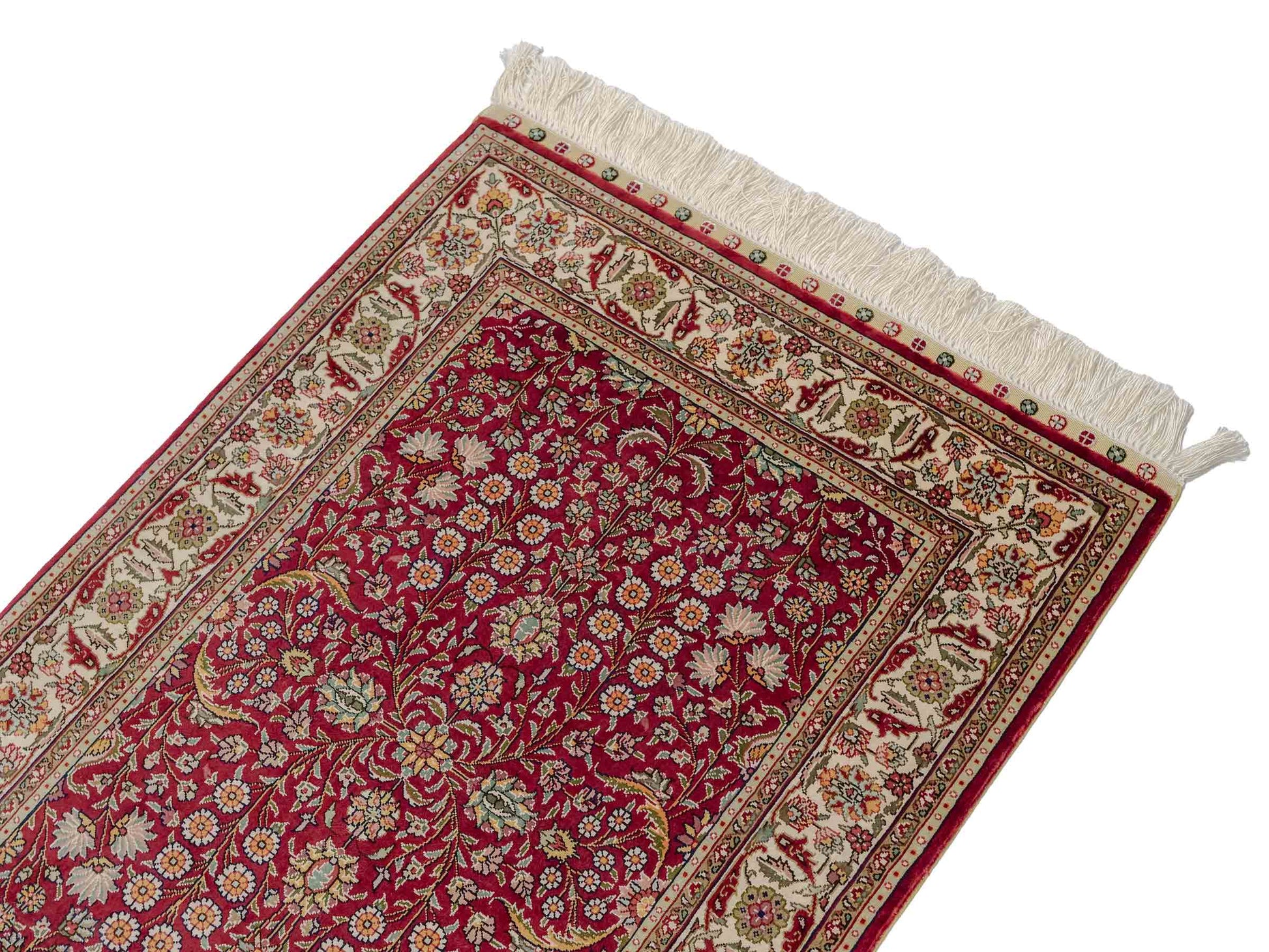 Sehr feiner, handgeknüpfter Khademi Orientteppich mit Hereke Design aus reiner Seide, rot, creme. 92x62 cm. Vertrieb durch Jupiter Intl.