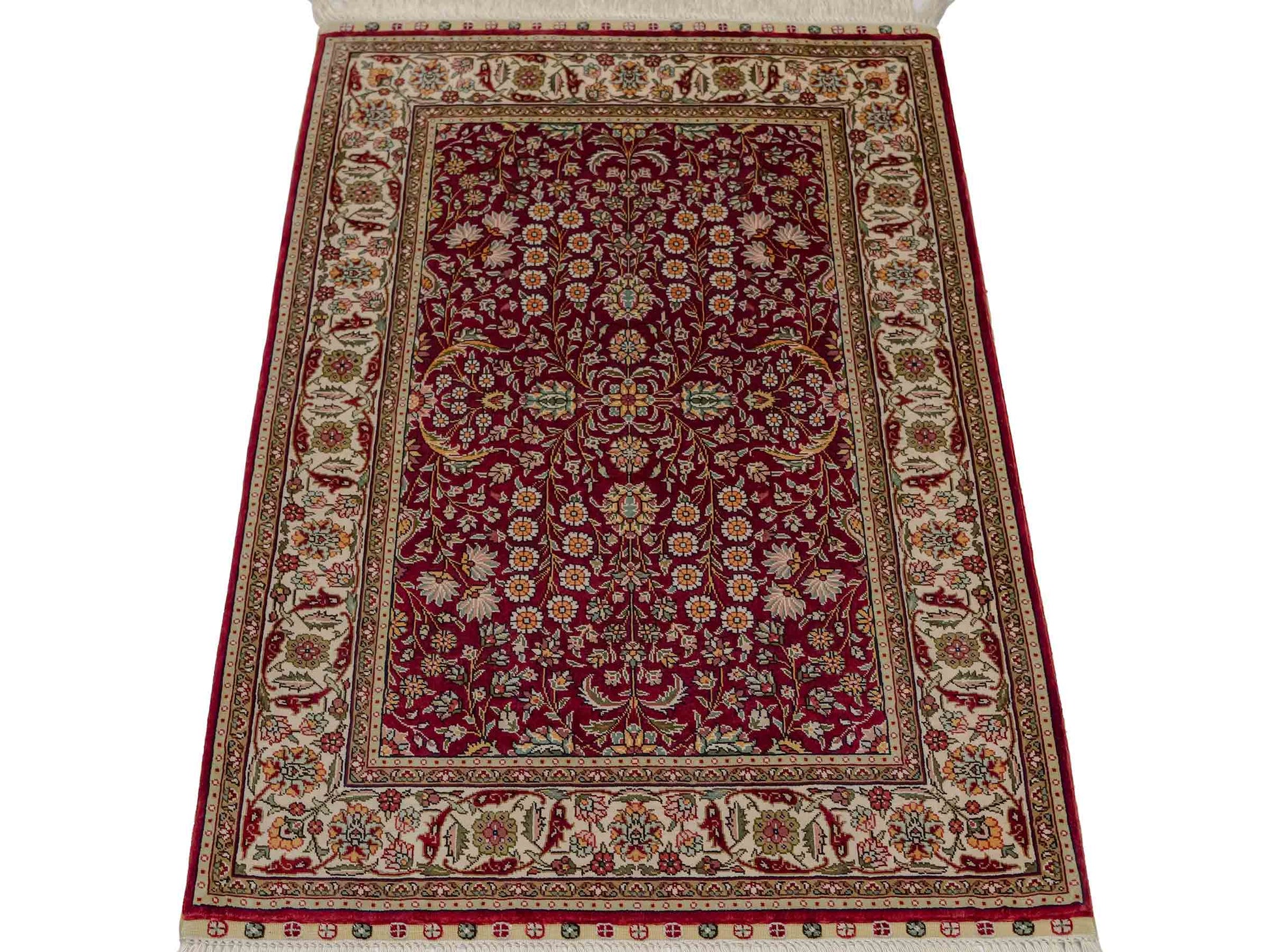 Sehr feiner, handgeknüpfter Khademi Orientteppich mit Hereke Design aus reiner Seide, rot, creme. 92x62 cm. Vertrieb durch Jupiter Intl.