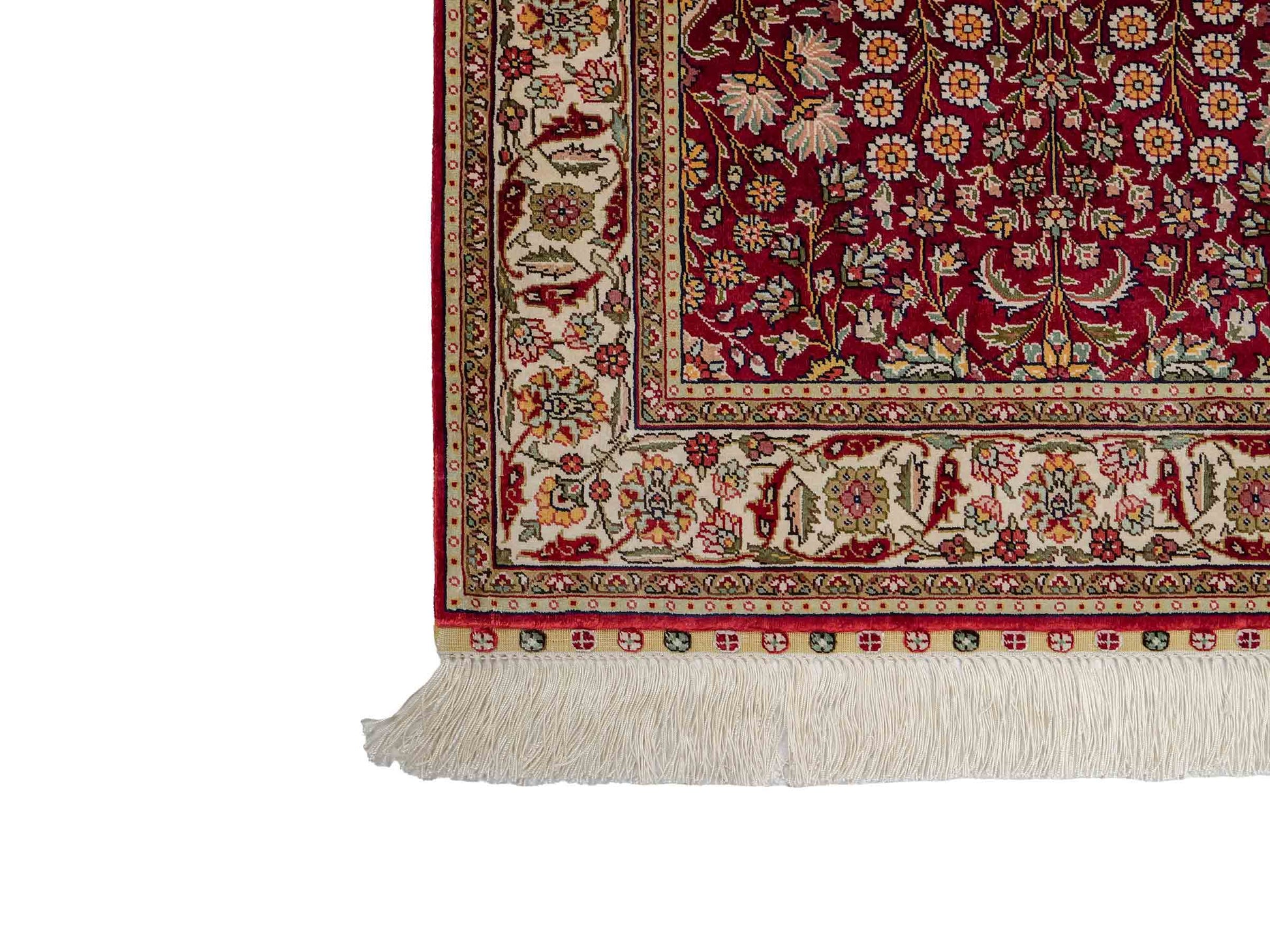 Sehr feiner, handgeknüpfter Khademi Orientteppich mit Hereke Design aus reiner Seide, rot, creme. 92x62 cm. Vertrieb durch Jupiter Intl.