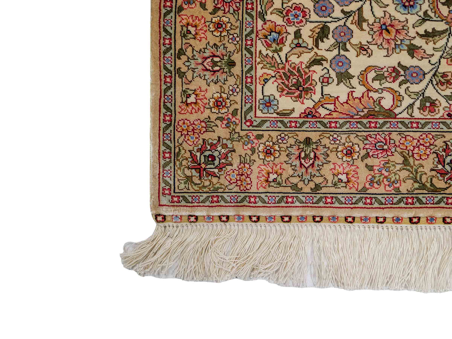 Sehr feiner, handgeknüpfter Khademi Orientteppich mit Hereke Design aus reiner Seide, beige, creme, weiß. 92x63 cm. Vertrieb durch Jupiter Intl.