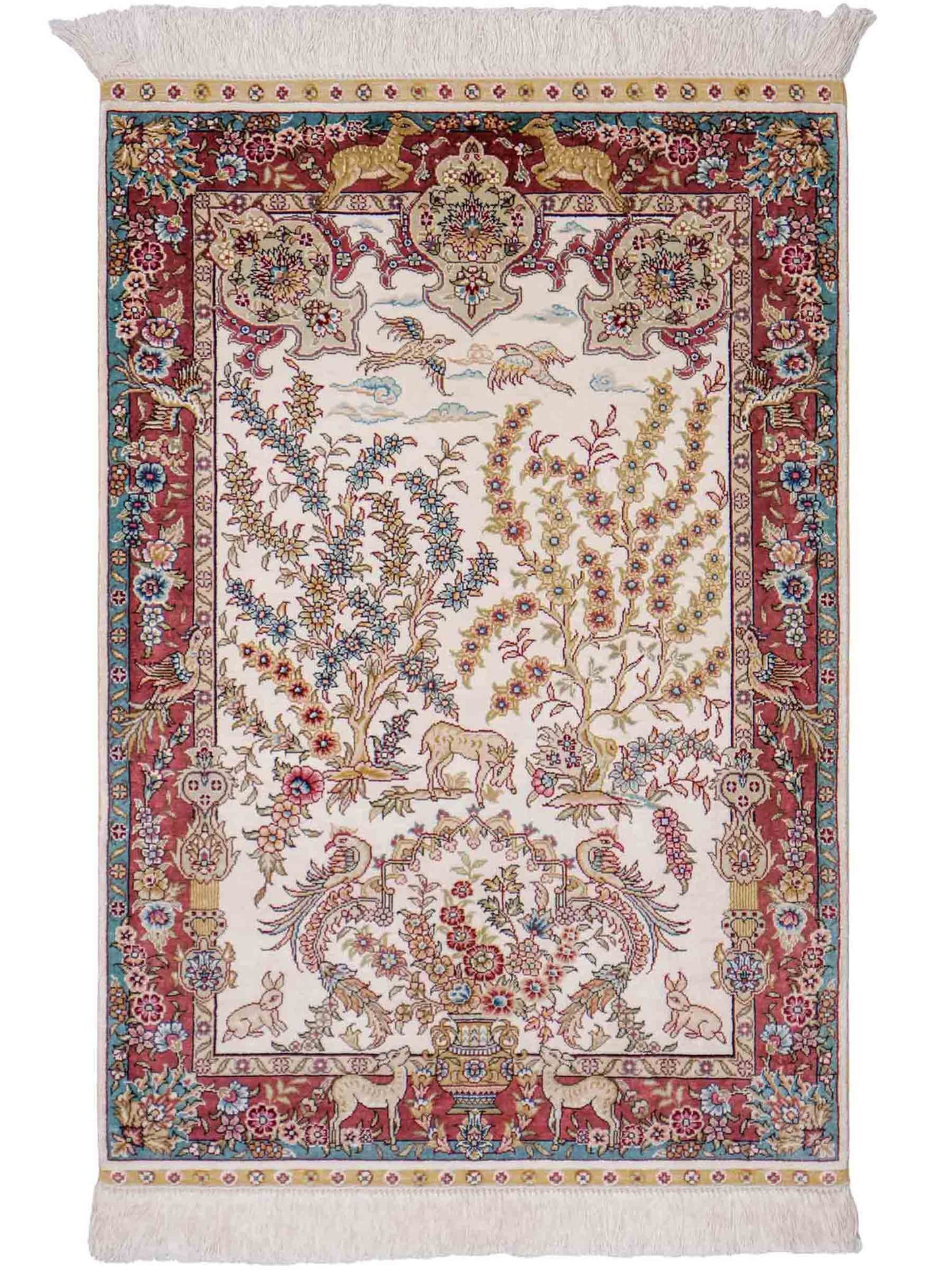 Sehr feiner, handgeknüpfter Khademi Orientteppich mit Hereke Design aus reiner Seide, creme, weiß, rosa, blau. 92x63 cm. Vertrieb durch Jupiter Intl.